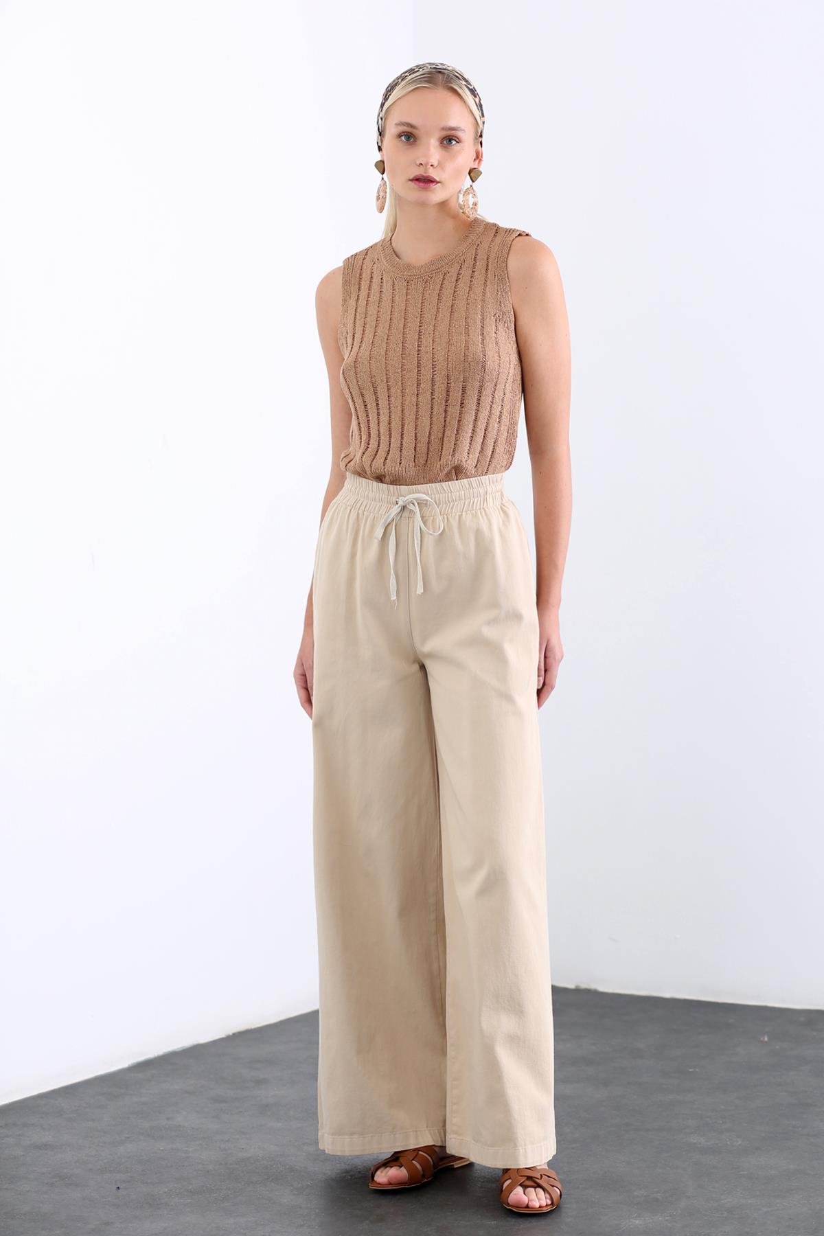 Taş Beli Lastikli Bol Paça Pantolon 2248