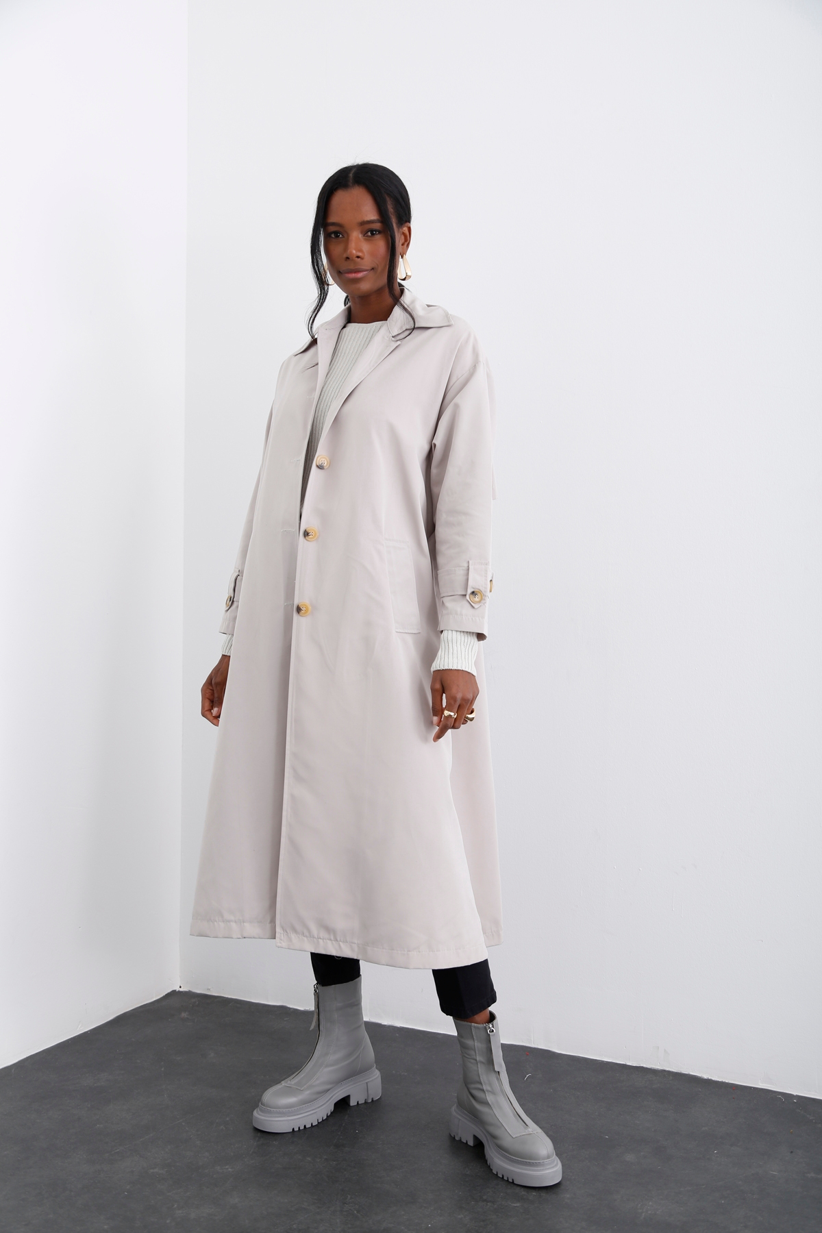 Taş Kendinden Kemerli Trenchcoat 16021