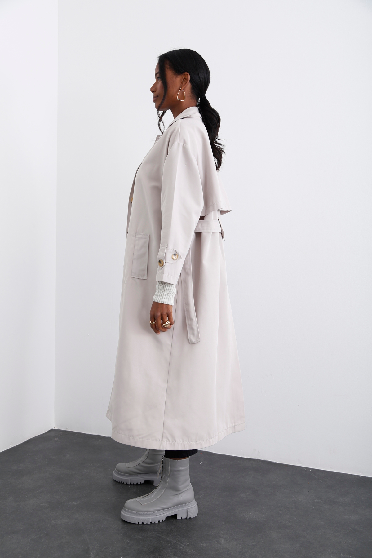 Taş Kendinden Kemerli Trenchcoat 16021