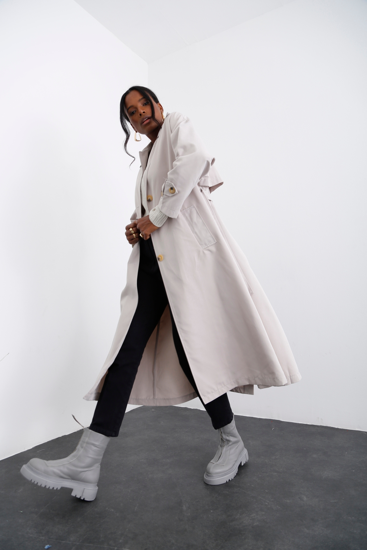 Taş Kendinden Kemerli Trenchcoat 16021