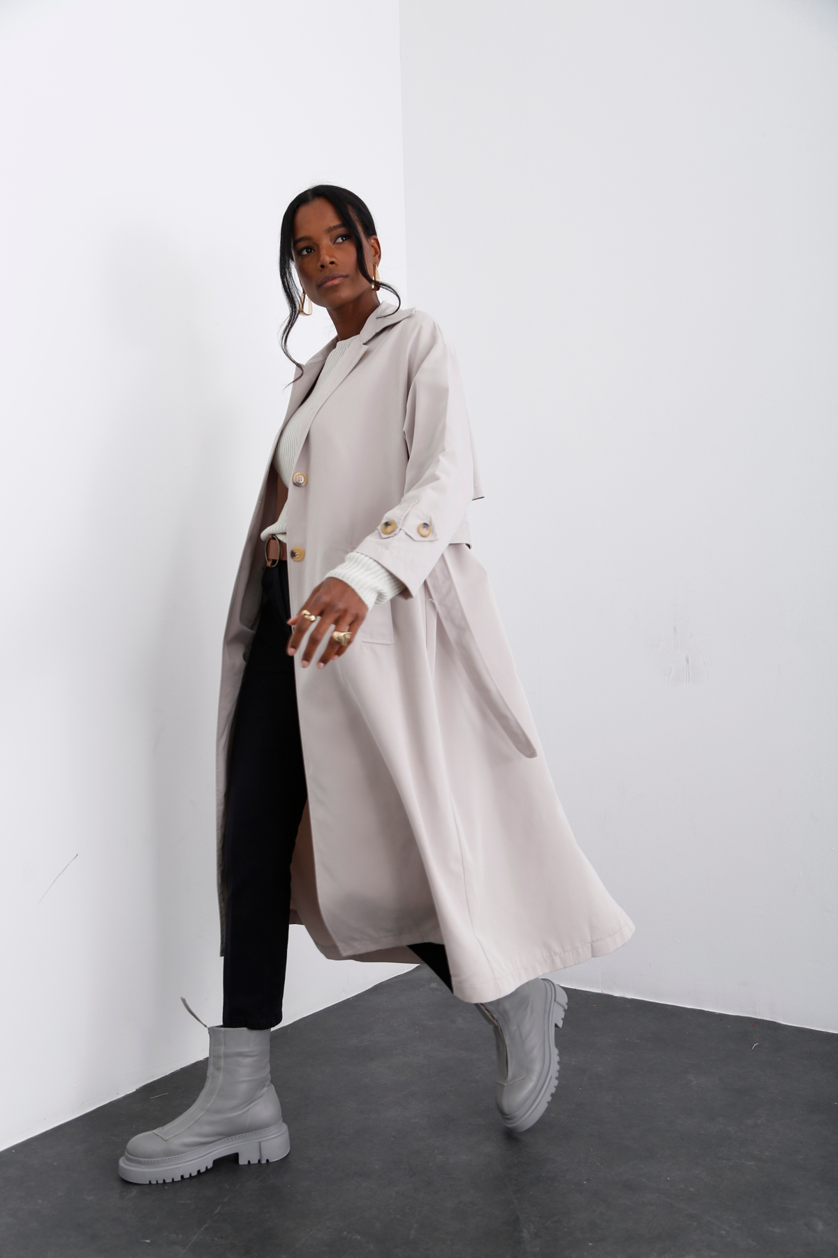 Taş Kendinden Kemerli Trenchcoat 16021