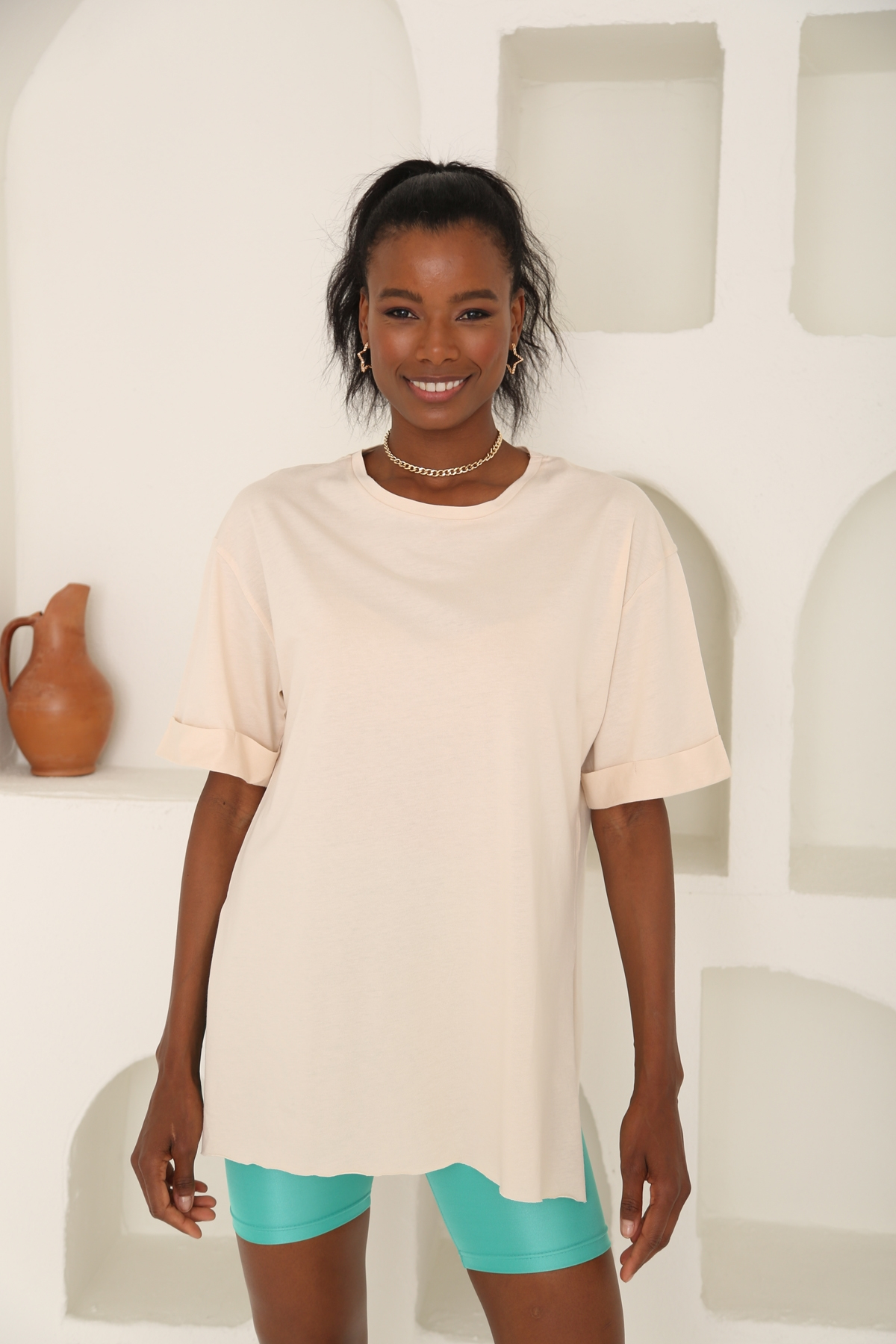 Ten Yırtmaçlı Duble Kol Tshirt 3158