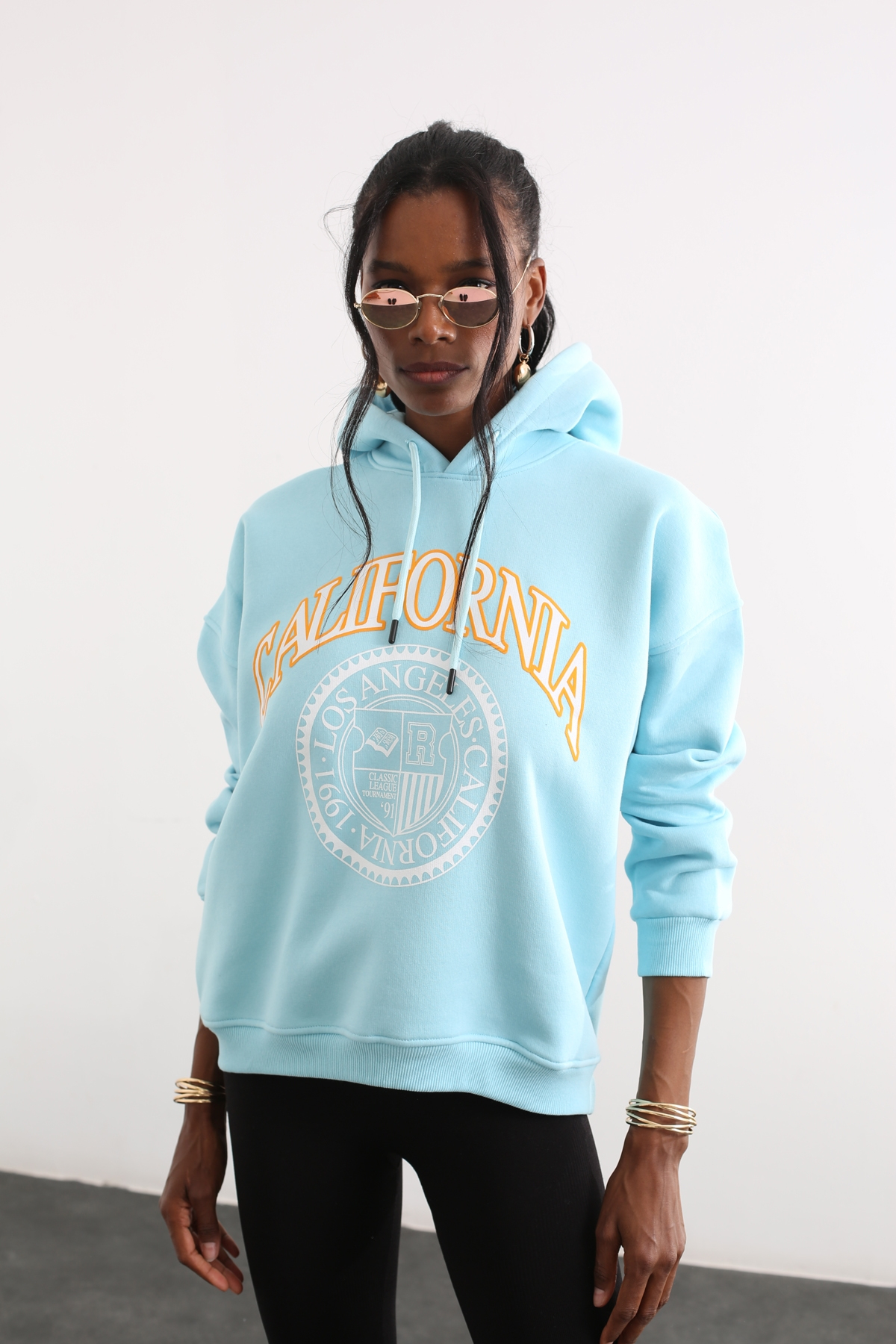 Turkuaz California Baskılı Kapüşonlu Sweatshirt 13668