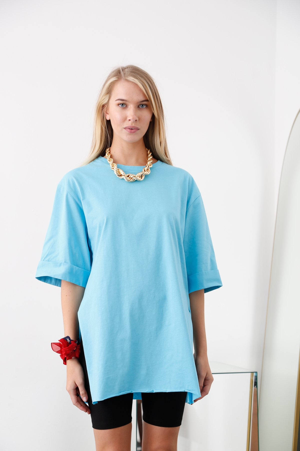 Turkuaz Yırtmaçlı Boyfriend Tshirt 3285