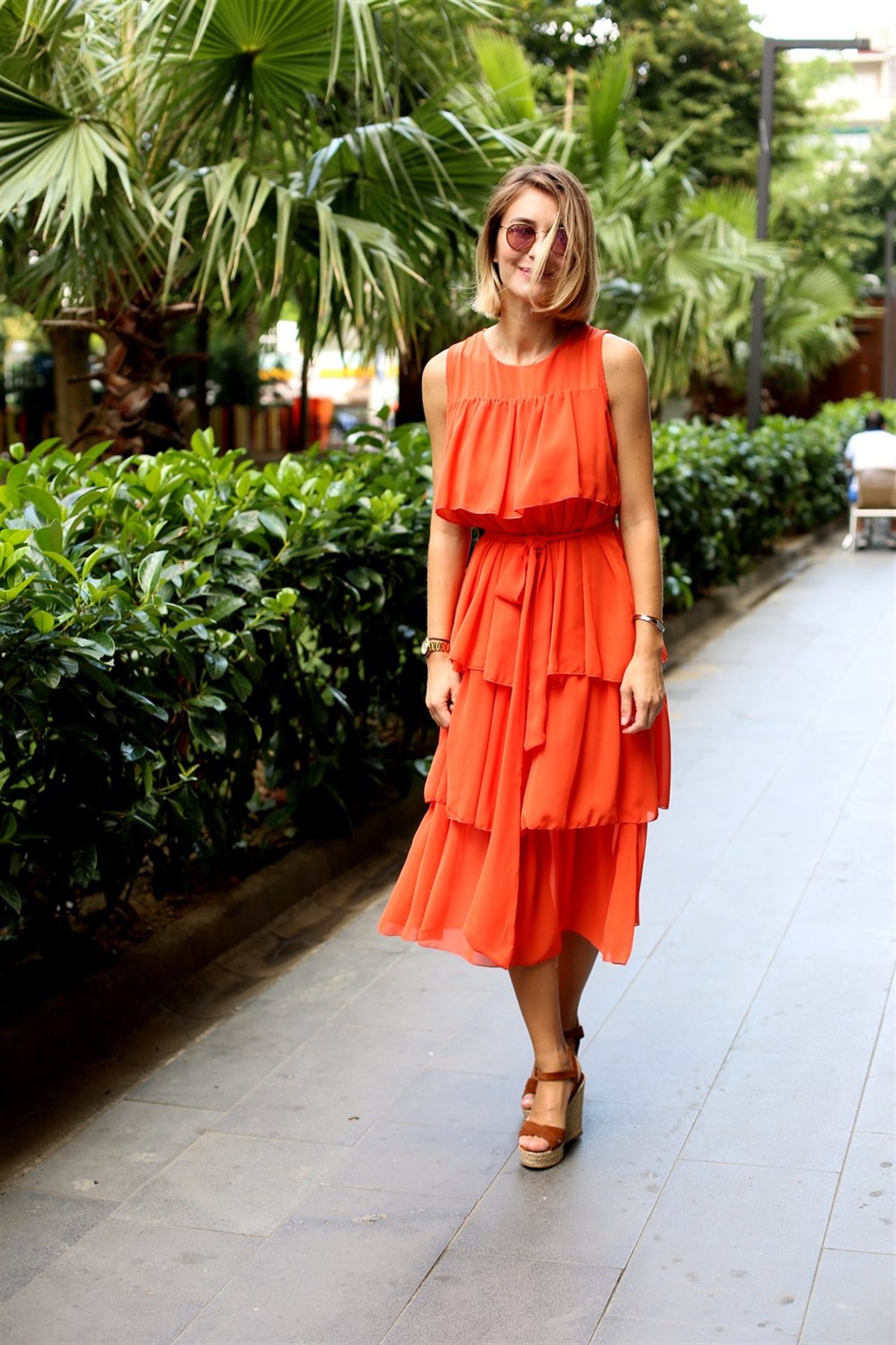 Turuncu Katlı Şifon Orange Elbise