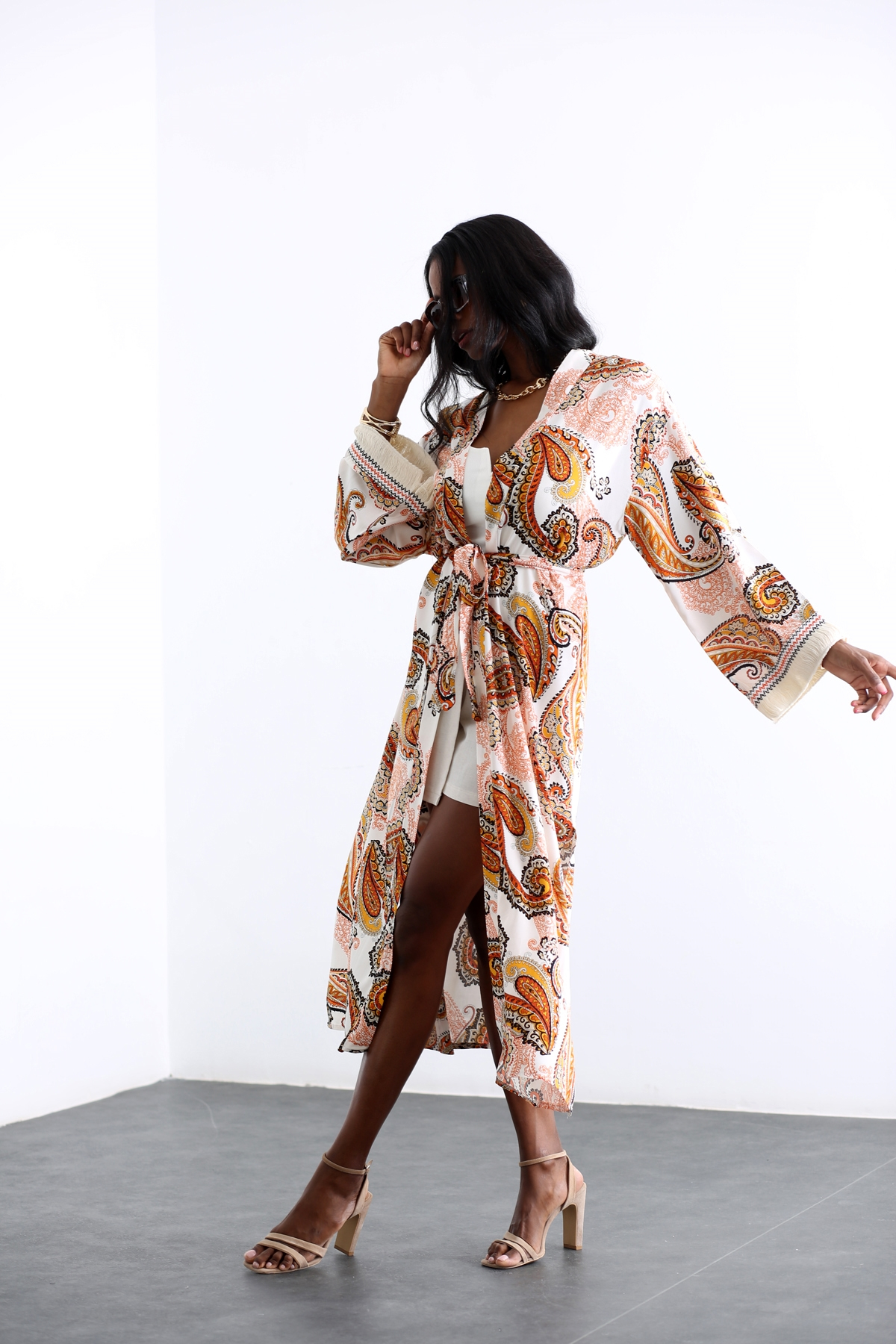 Turuncu Şal Desen Kuşaklı Kimono 0801