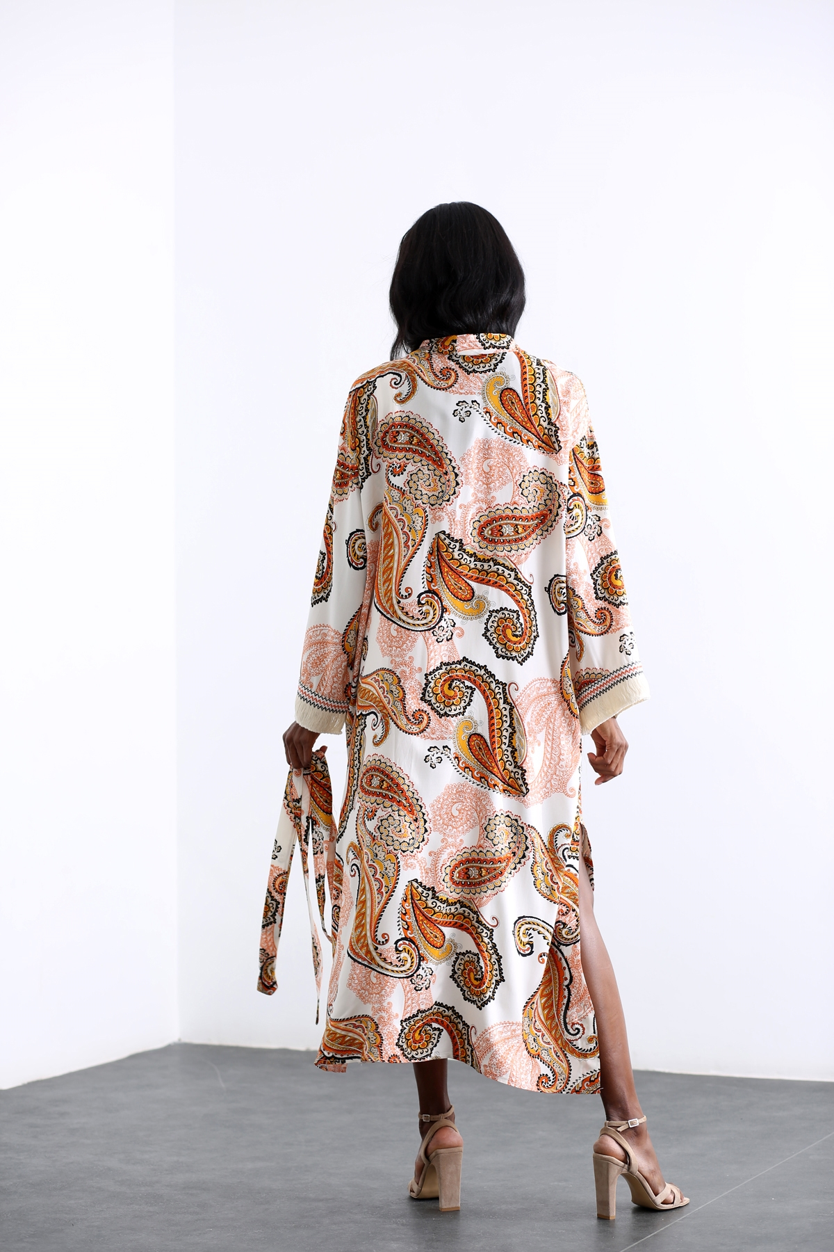 Turuncu Şal Desen Kuşaklı Kimono 0801