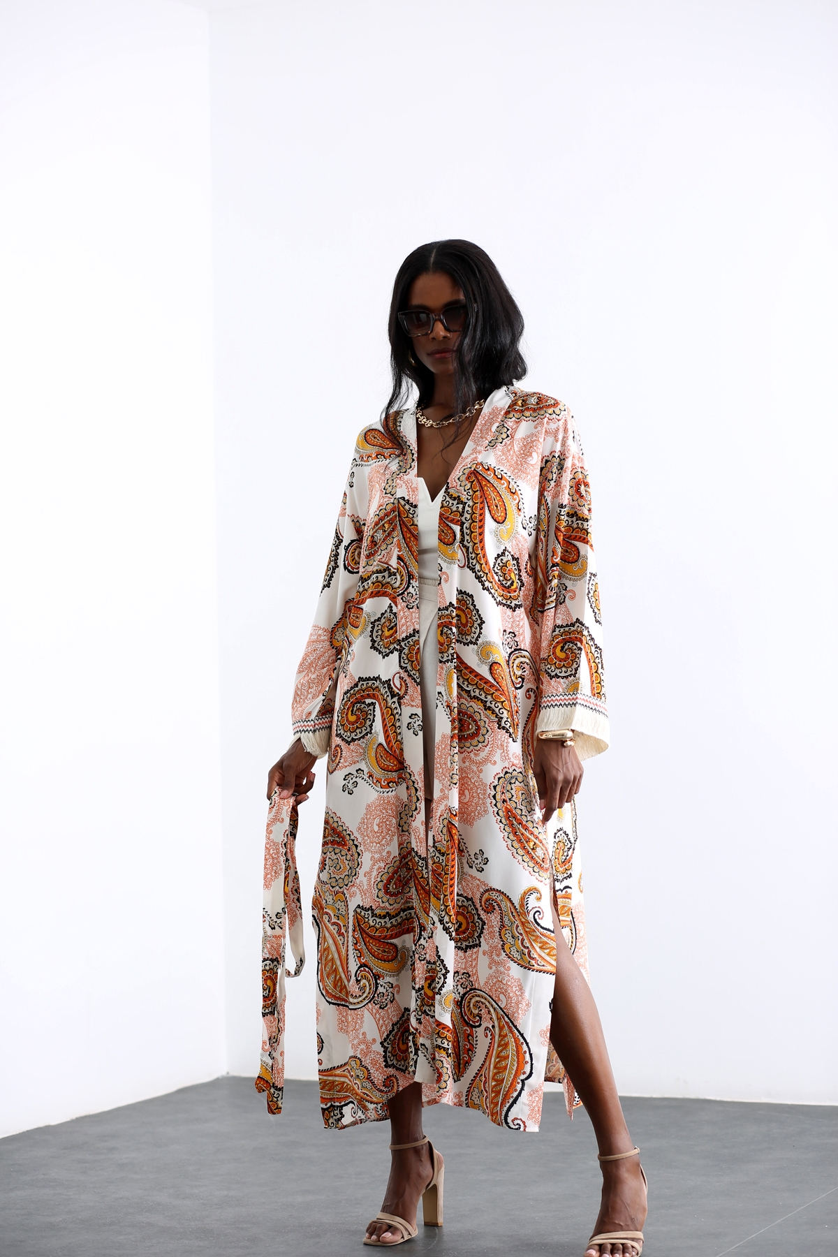 Turuncu Şal Desen Kuşaklı Kimono 0801