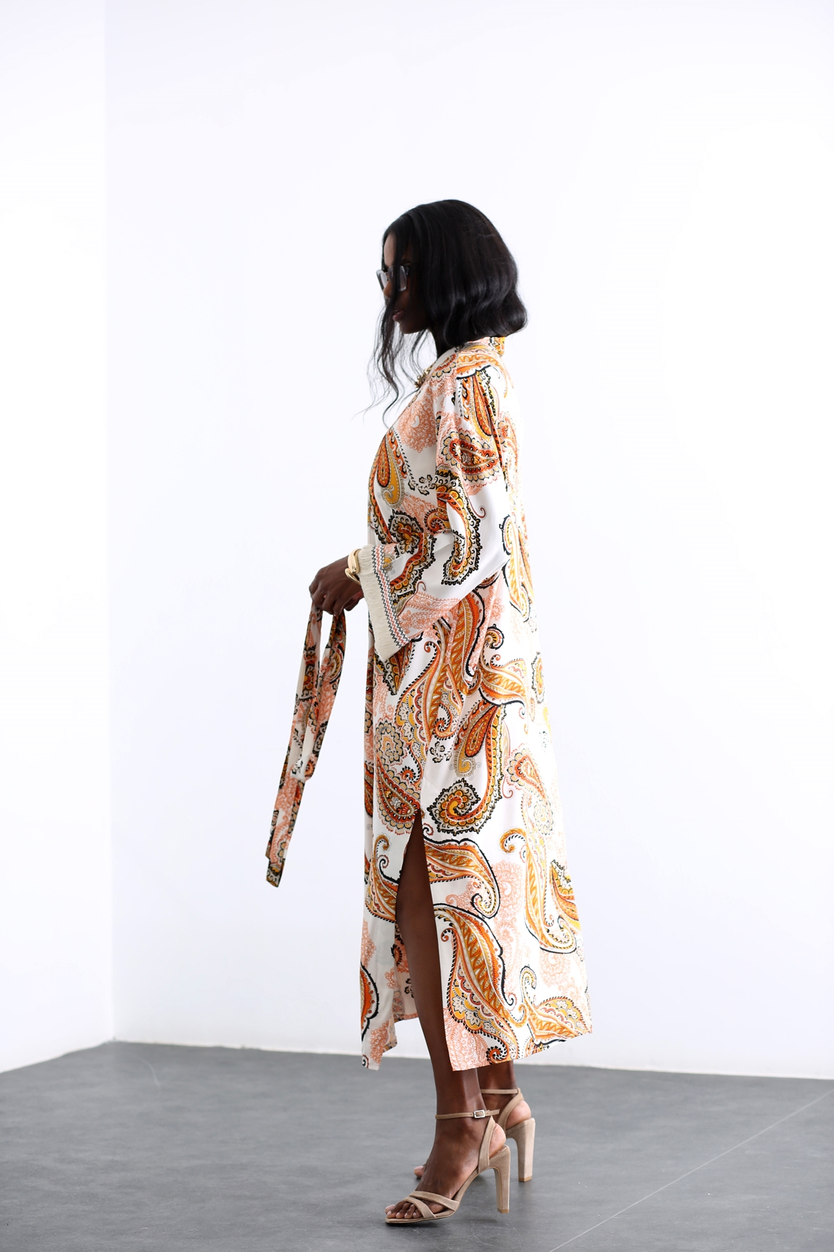 Turuncu Şal Desen Kuşaklı Kimono 0801
