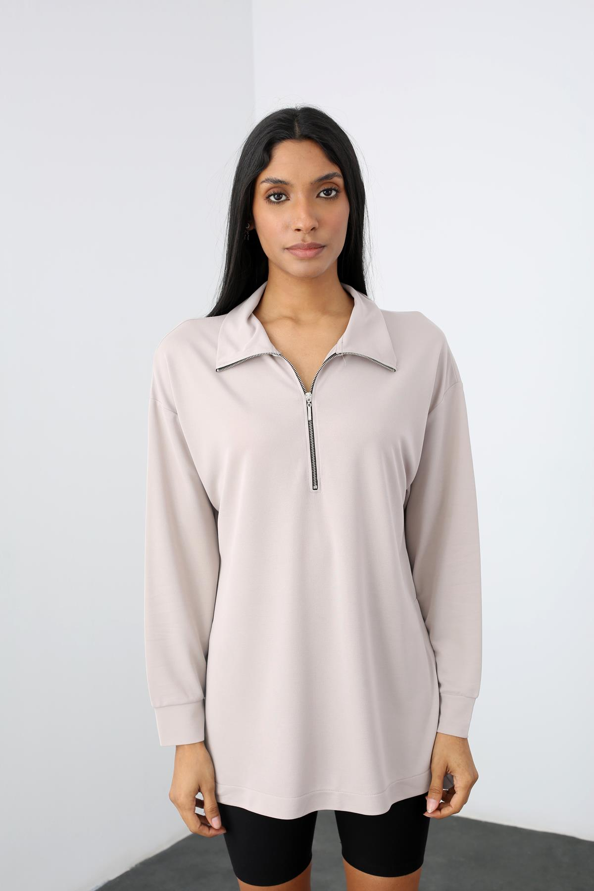 Vizon Fermuarlı Yanı Yırtmaçlı Sweatshirt 