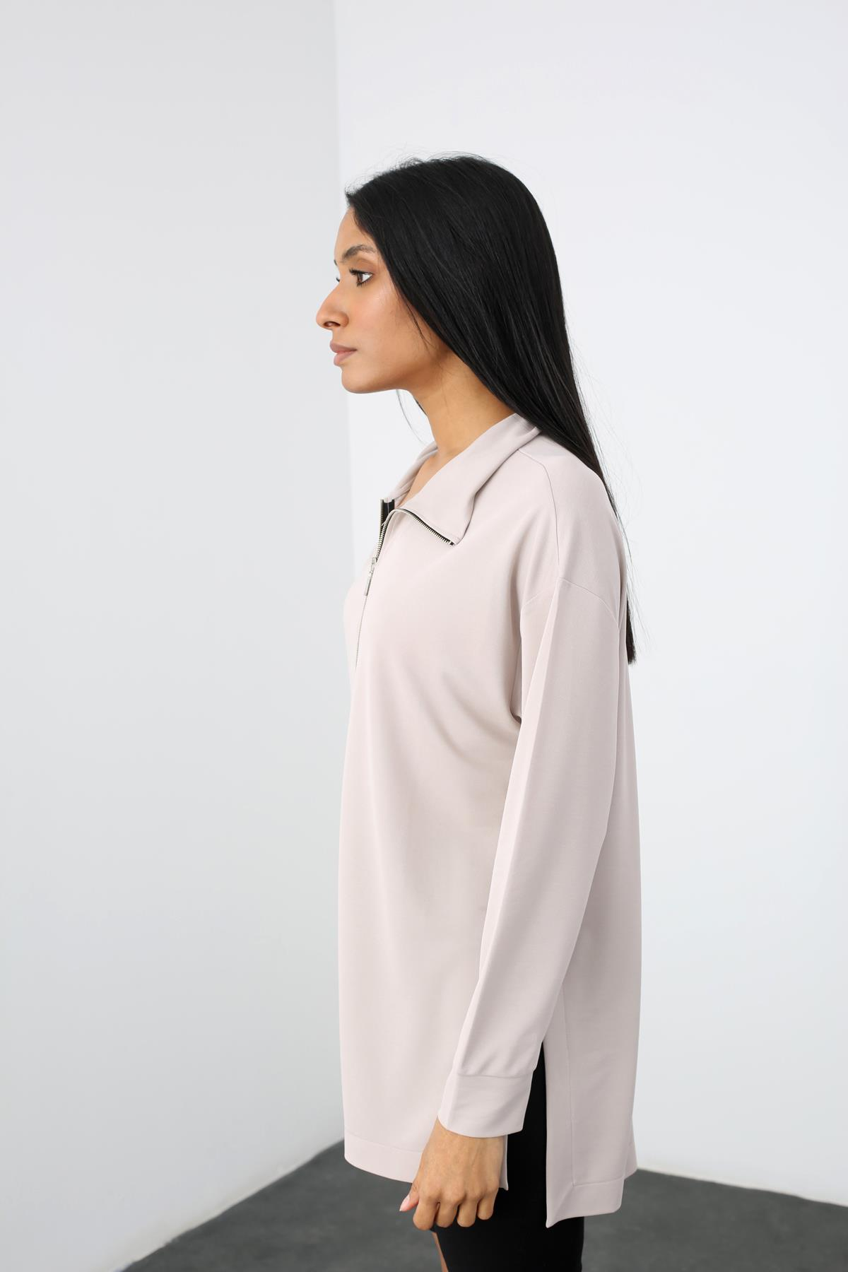 Vizon Fermuarlı Yanı Yırtmaçlı Sweatshirt 