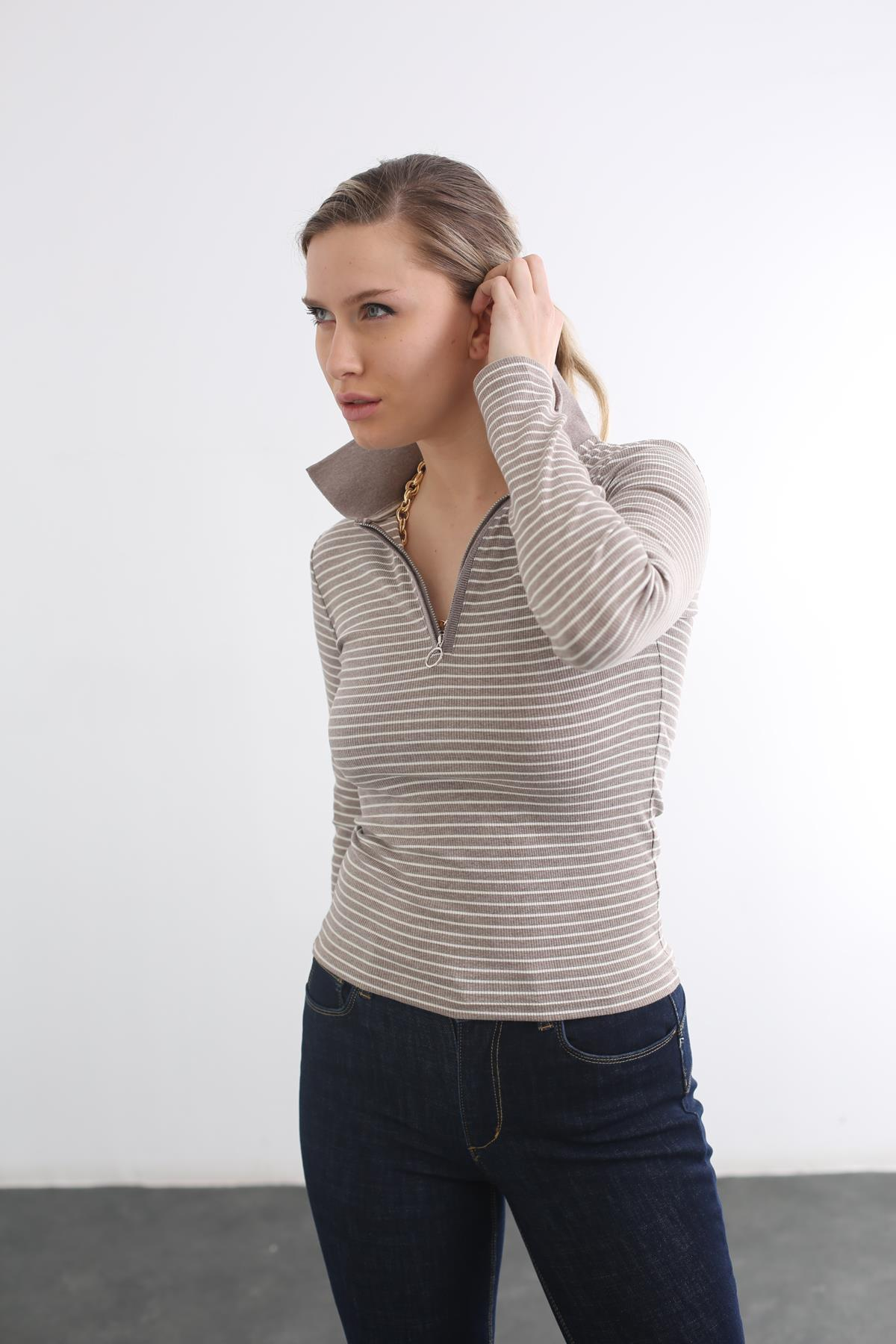 Vizon Polo Yaka Fermuarlı Bluz 4664