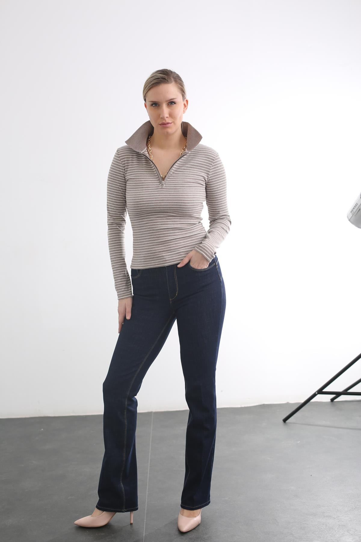 Vizon Polo Yaka Fermuarlı Bluz 4664