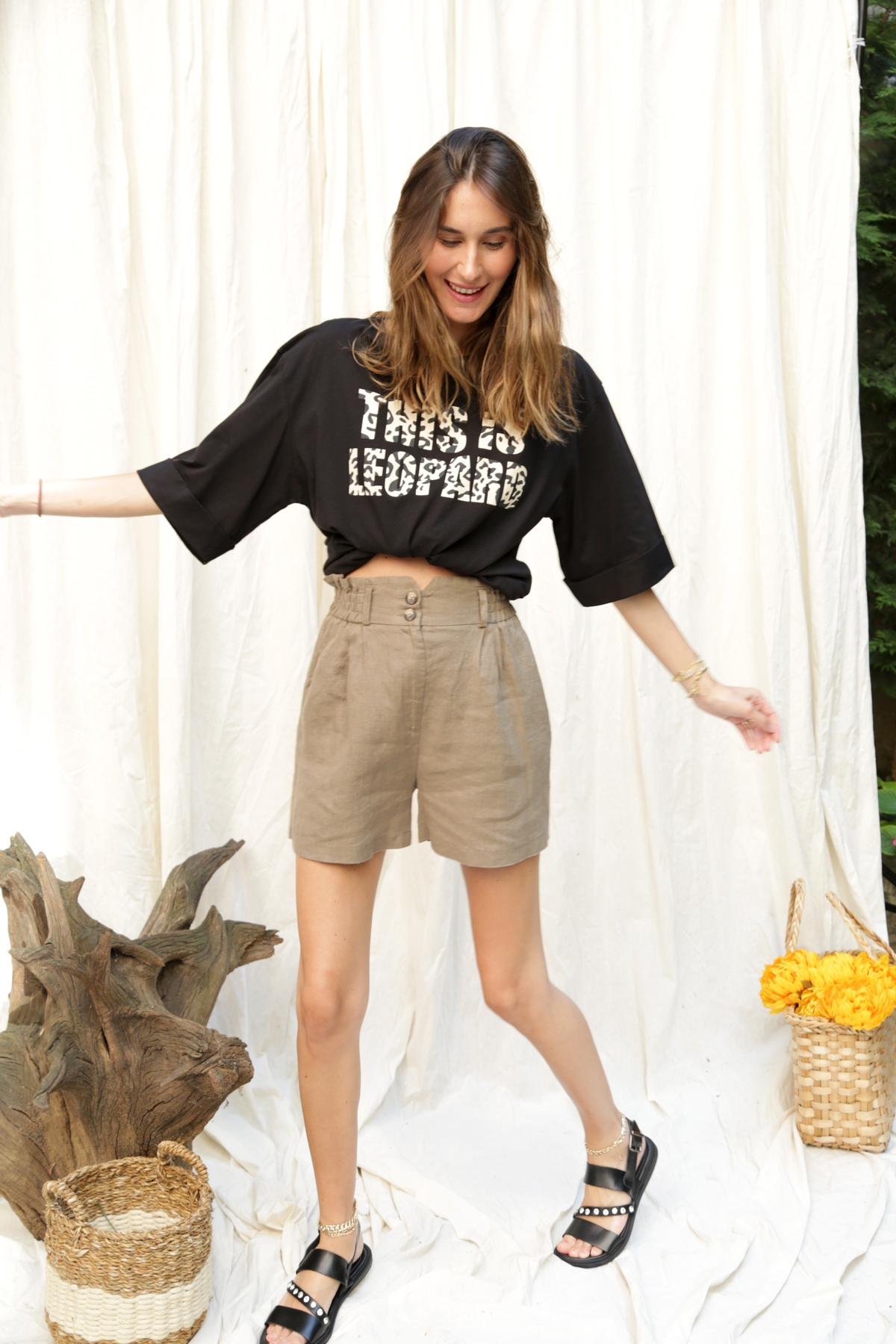 Yağ Yeşili Çift Düğme Beli Kalın Lastikli Şort 4106