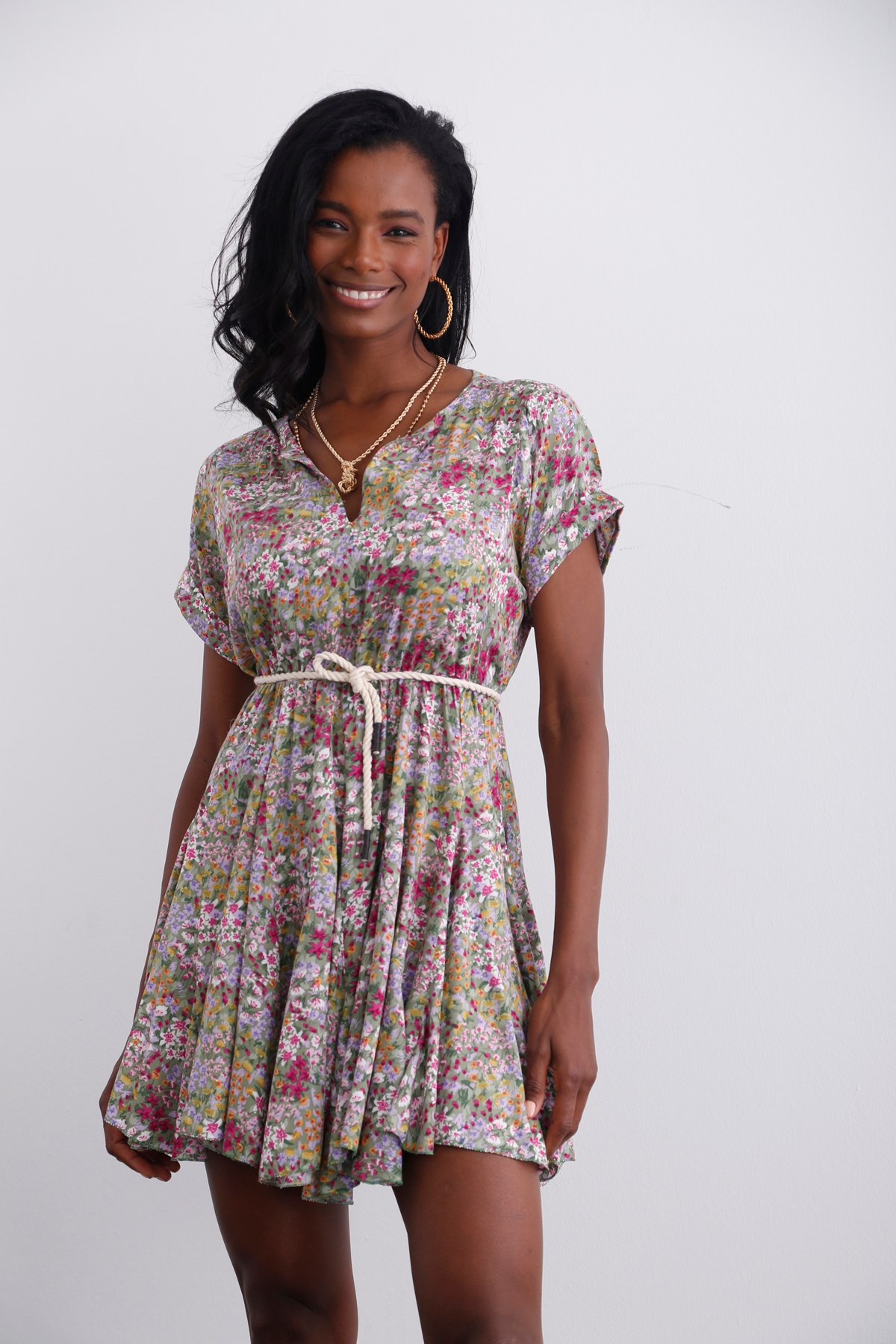 Yeşil Beli Lastikli Çiçekli Elbise 232206