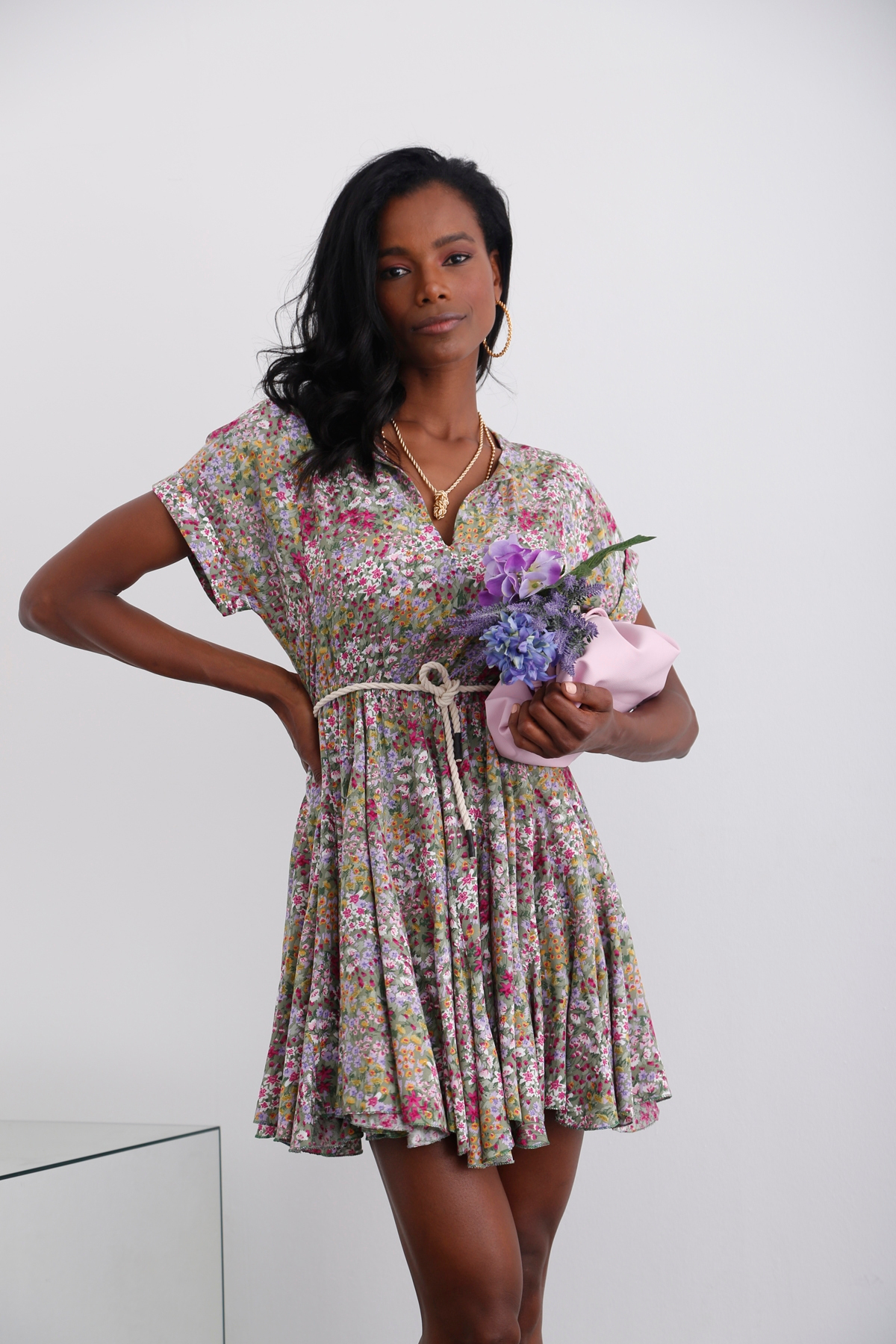 Yeşil Beli Lastikli Çiçekli Elbise 232206