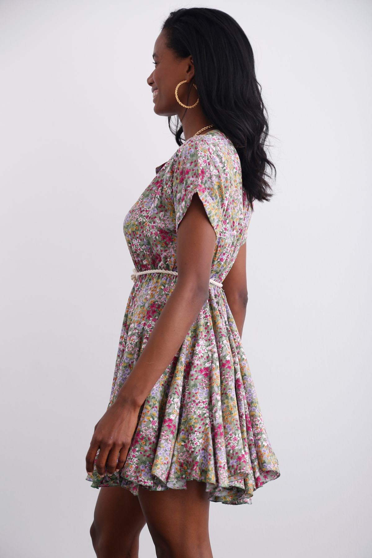 Yeşil Beli Lastikli Çiçekli Elbise 232206