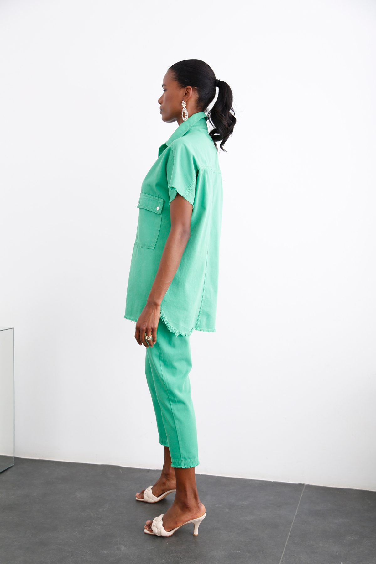 Yeşil Beli Lastikli Gabardin Pantolon 00104