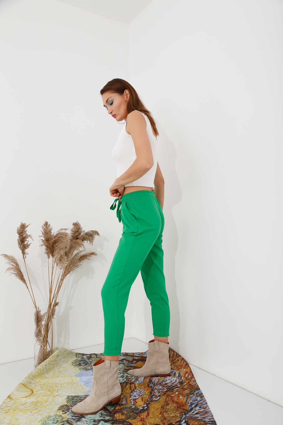 Yeşil Beli Lastikli Gabardin Pantolon 00104