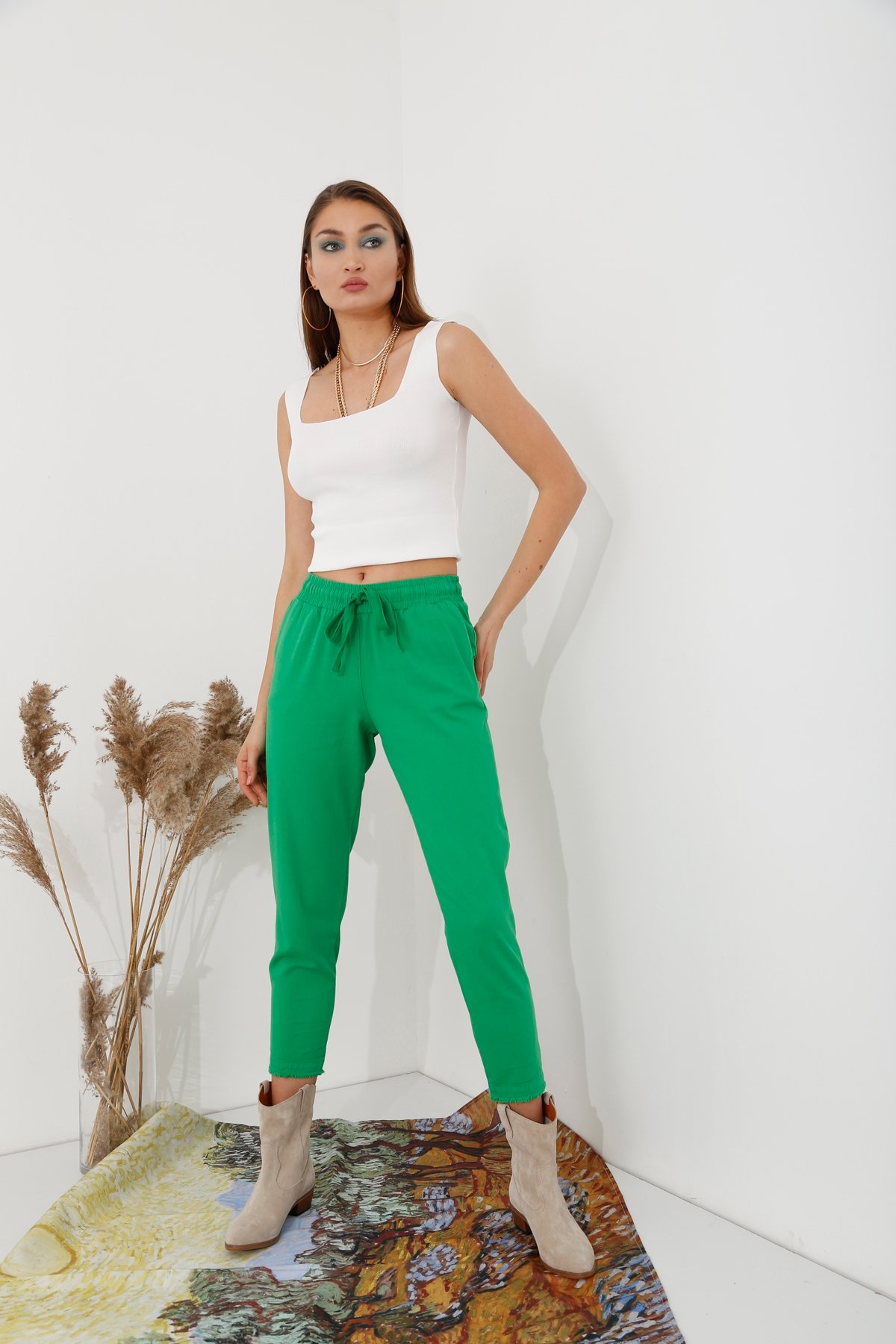 Yeşil Beli Lastikli Gabardin Pantolon 00104