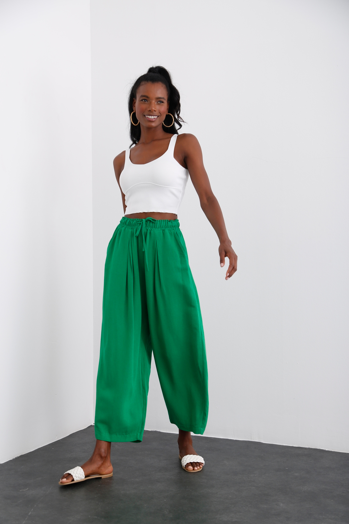 Yeşil Beli Lastikli Şalvar Pantolon 40030