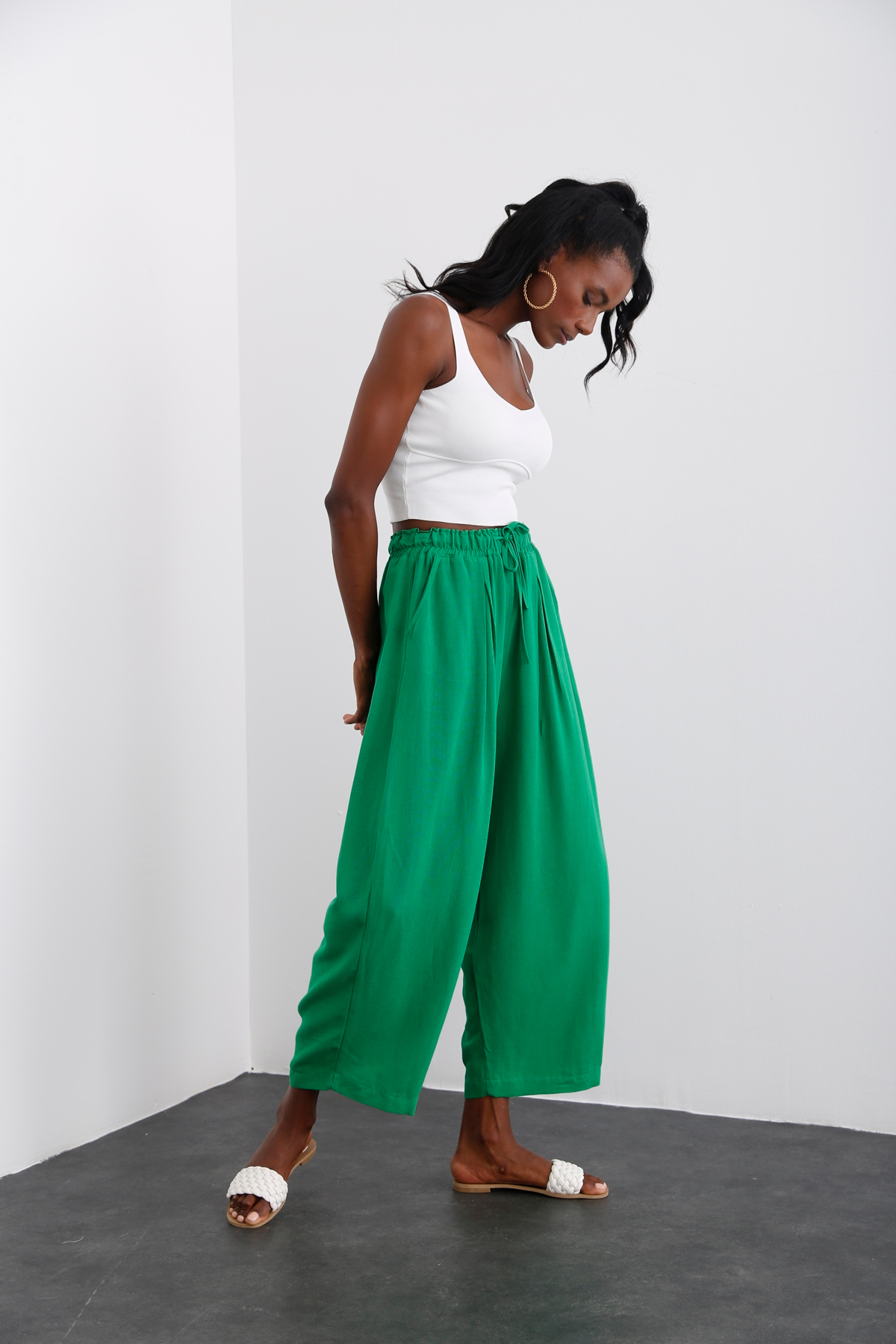 Yeşil Beli Lastikli Şalvar Pantolon 40030