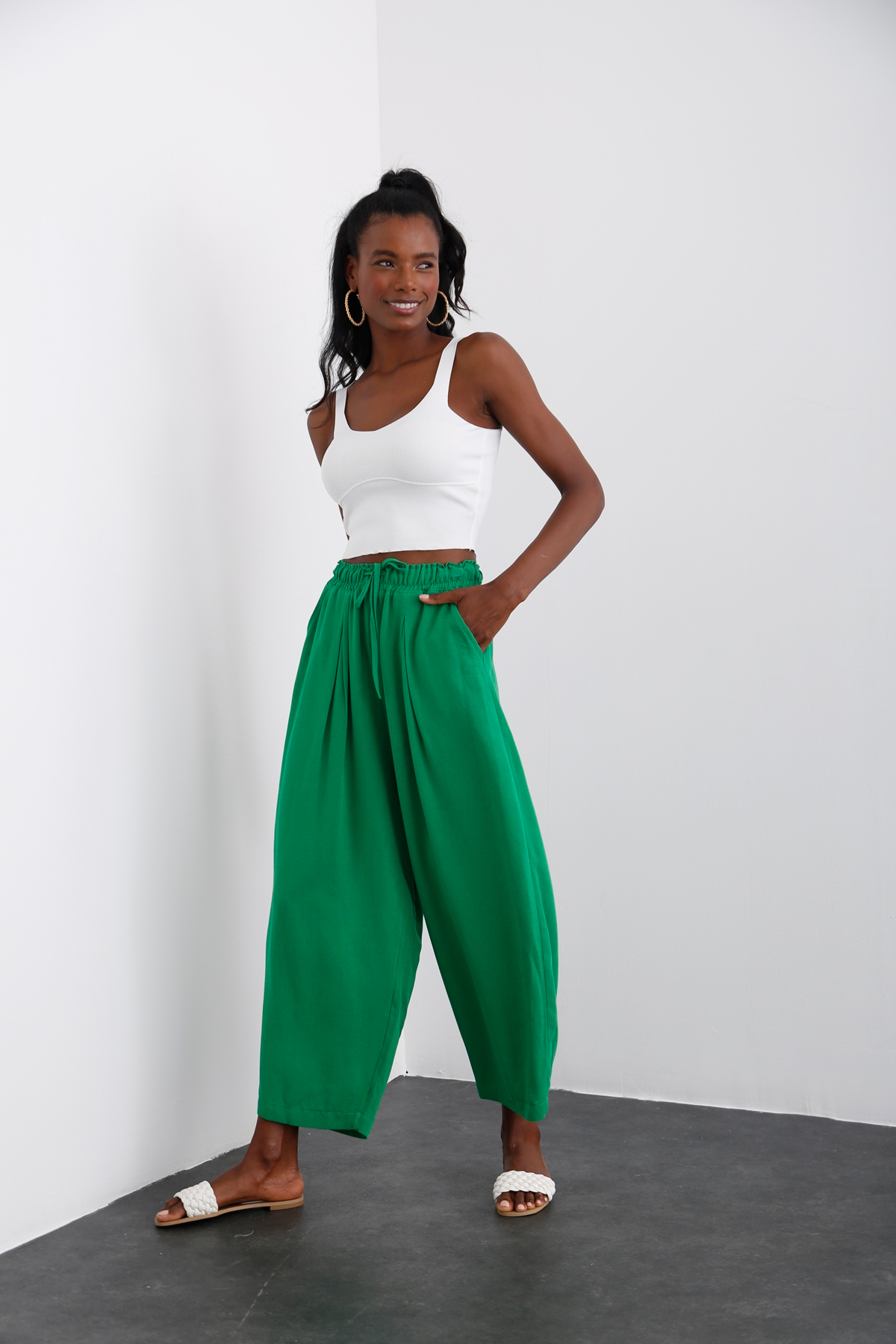 Yeşil Beli Lastikli Şalvar Pantolon 40030