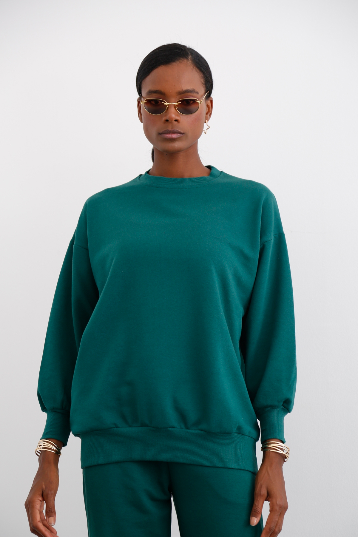 Yeşil Bisiklet Yaka Basic Sweatshirt 3200