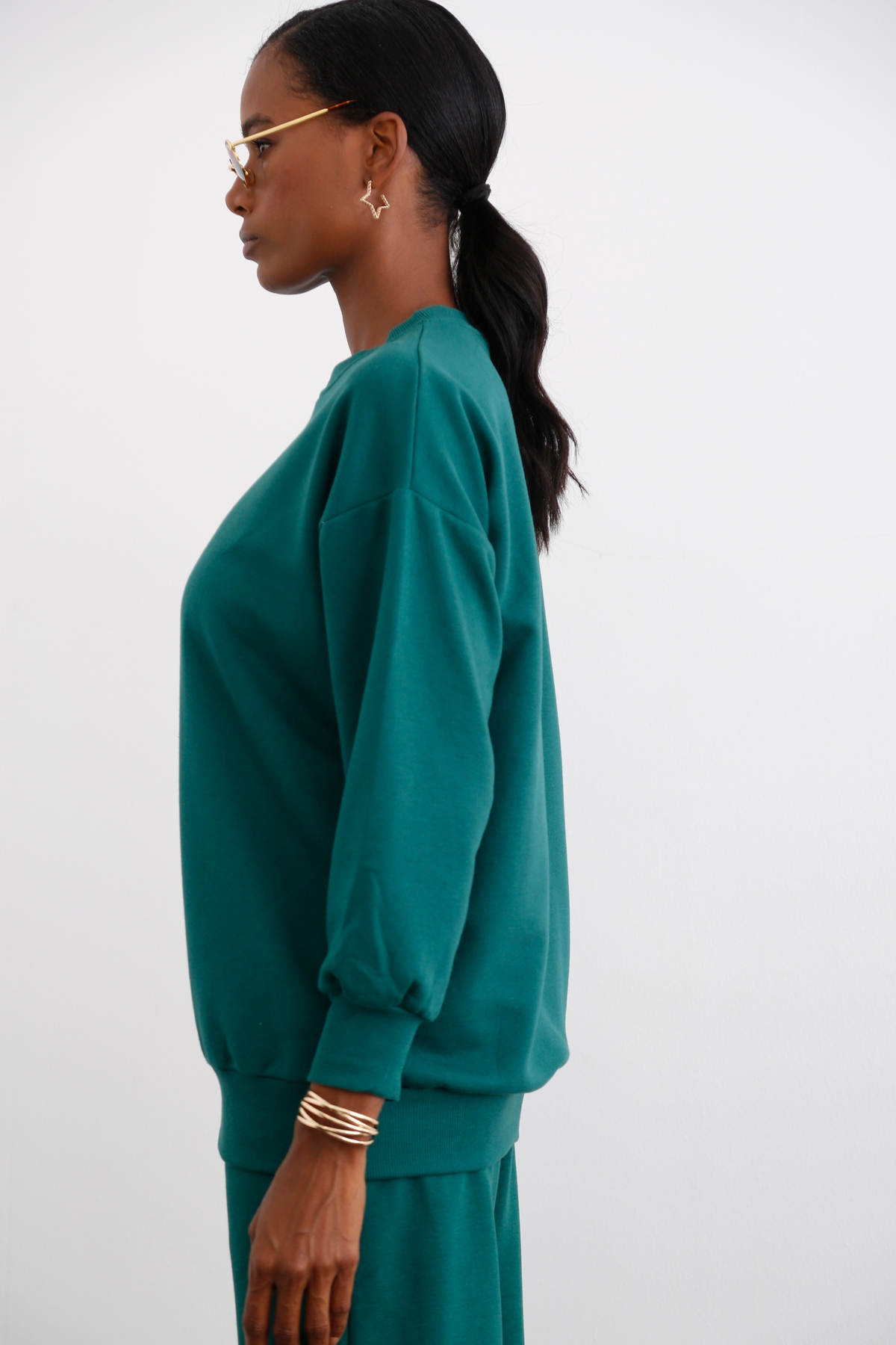 Yeşil Bisiklet Yaka Basic Sweatshirt 3200