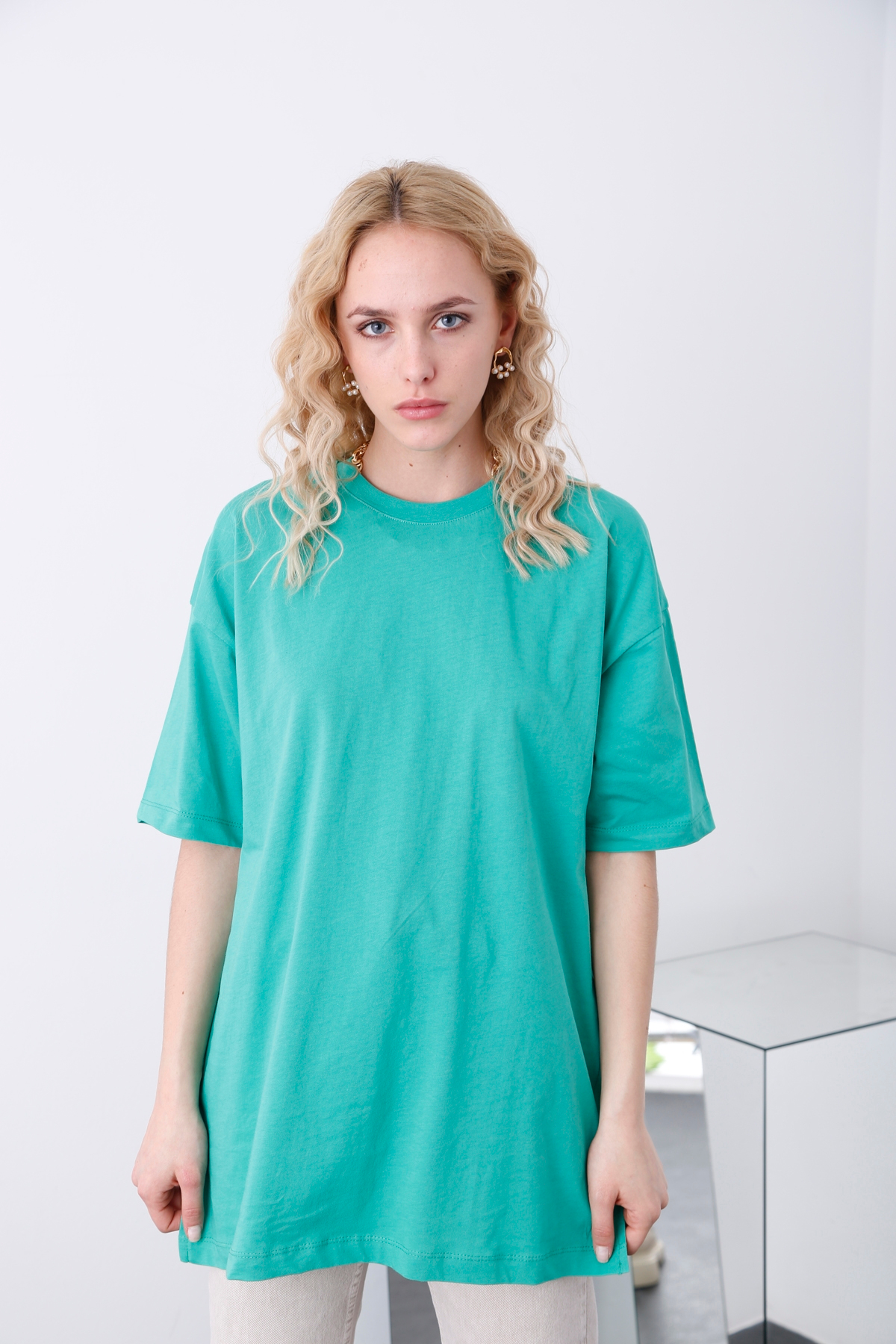 Yeşil Bisiklet Yaka Salaş Tshirt 80274