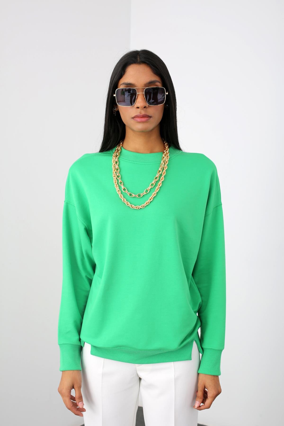 Yeşil Bisiklet Yaka Sweatshirt 