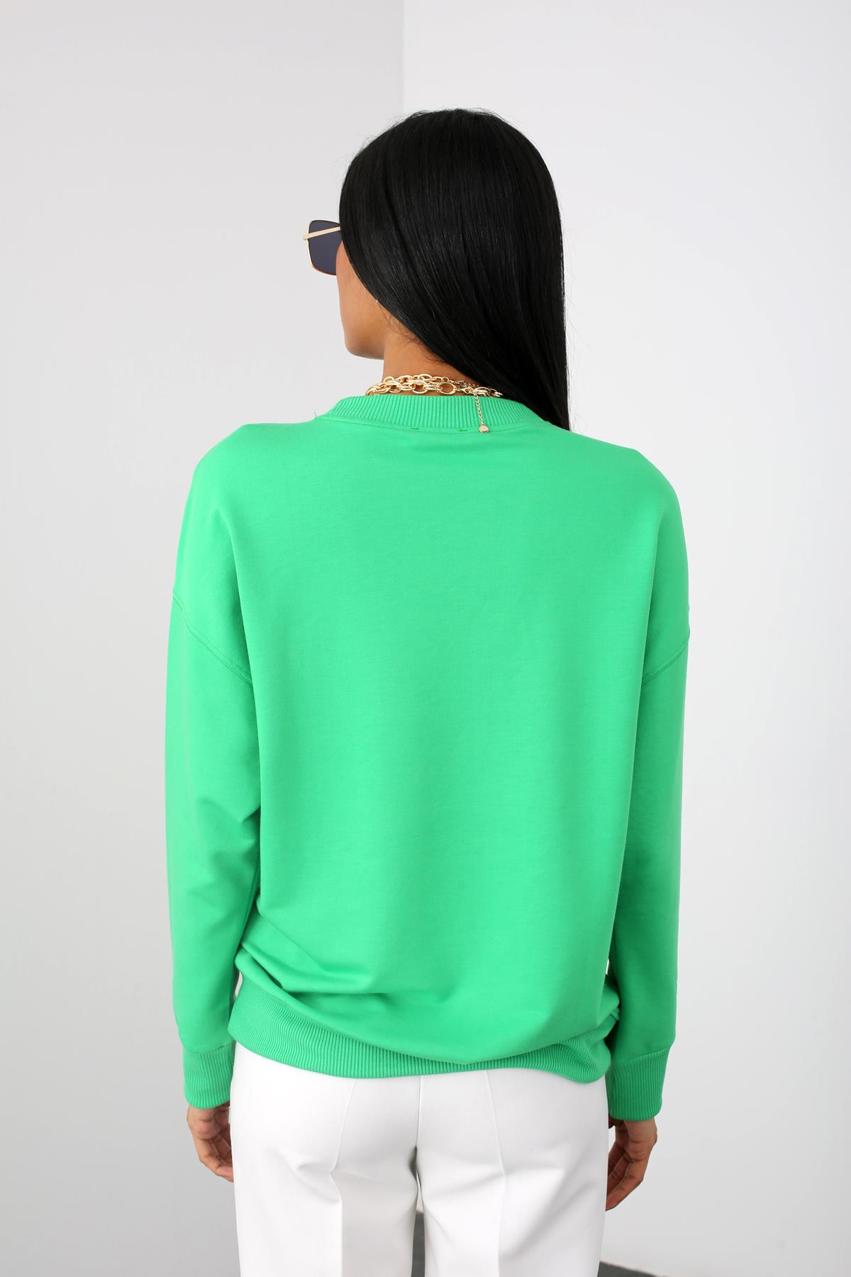 Yeşil Bisiklet Yaka Sweatshirt 