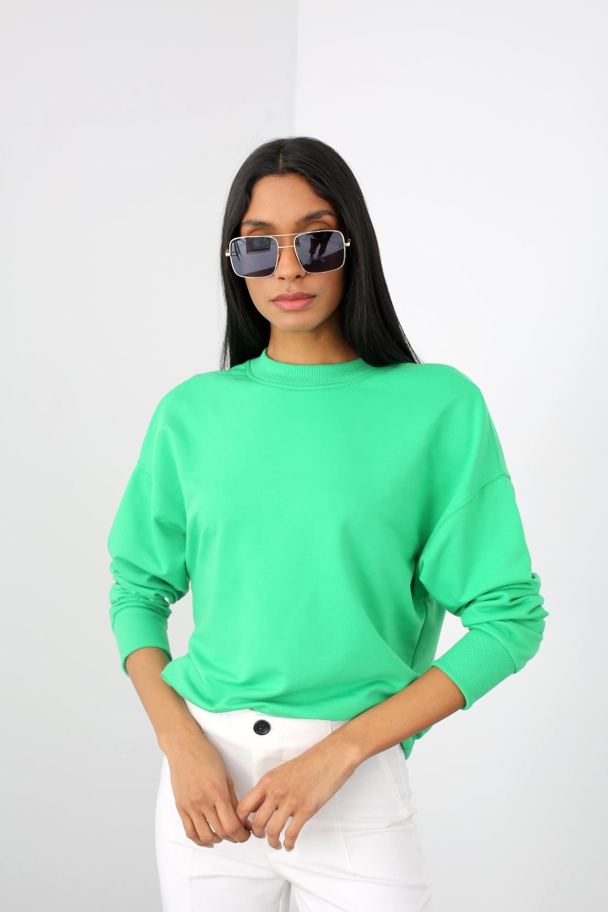 Yeşil Bisiklet Yaka Sweatshirt 