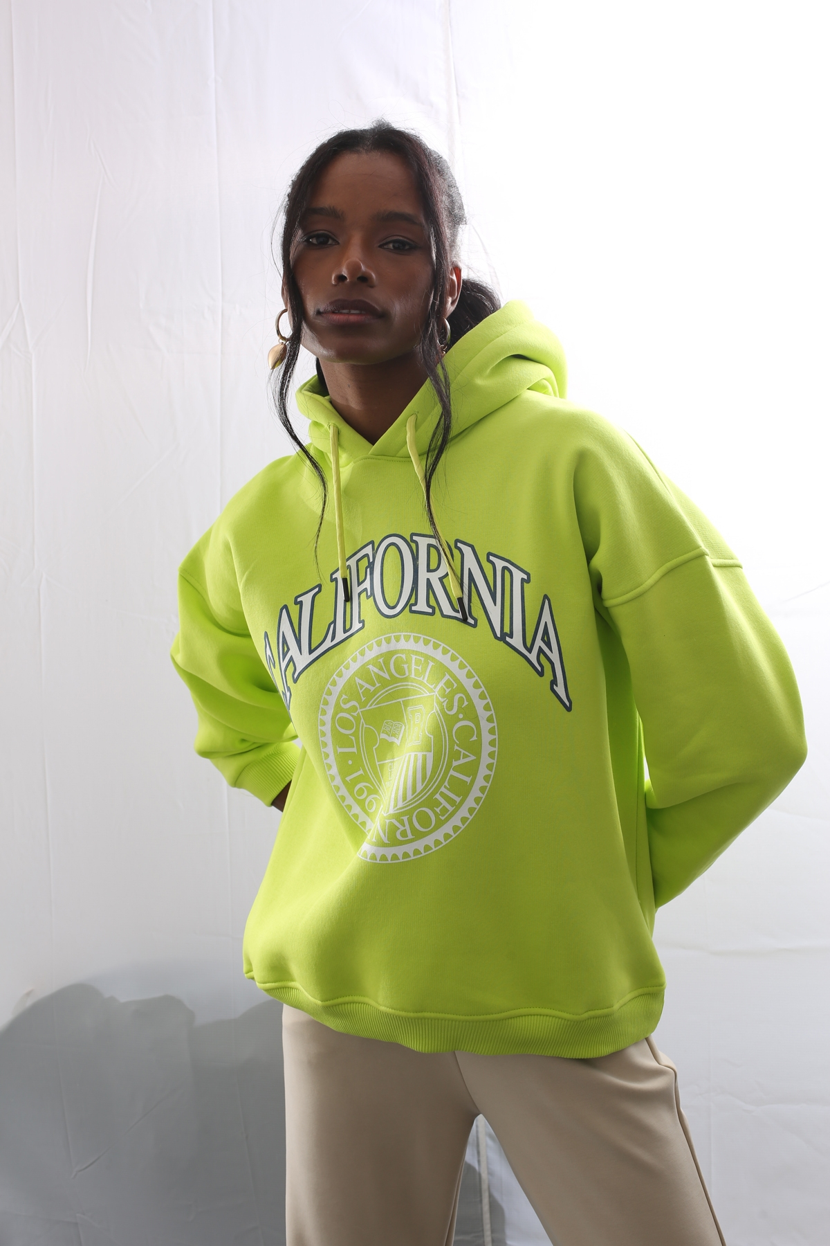 Yeşil California Baskılı Kapüşonlu Sweatshirt 13668