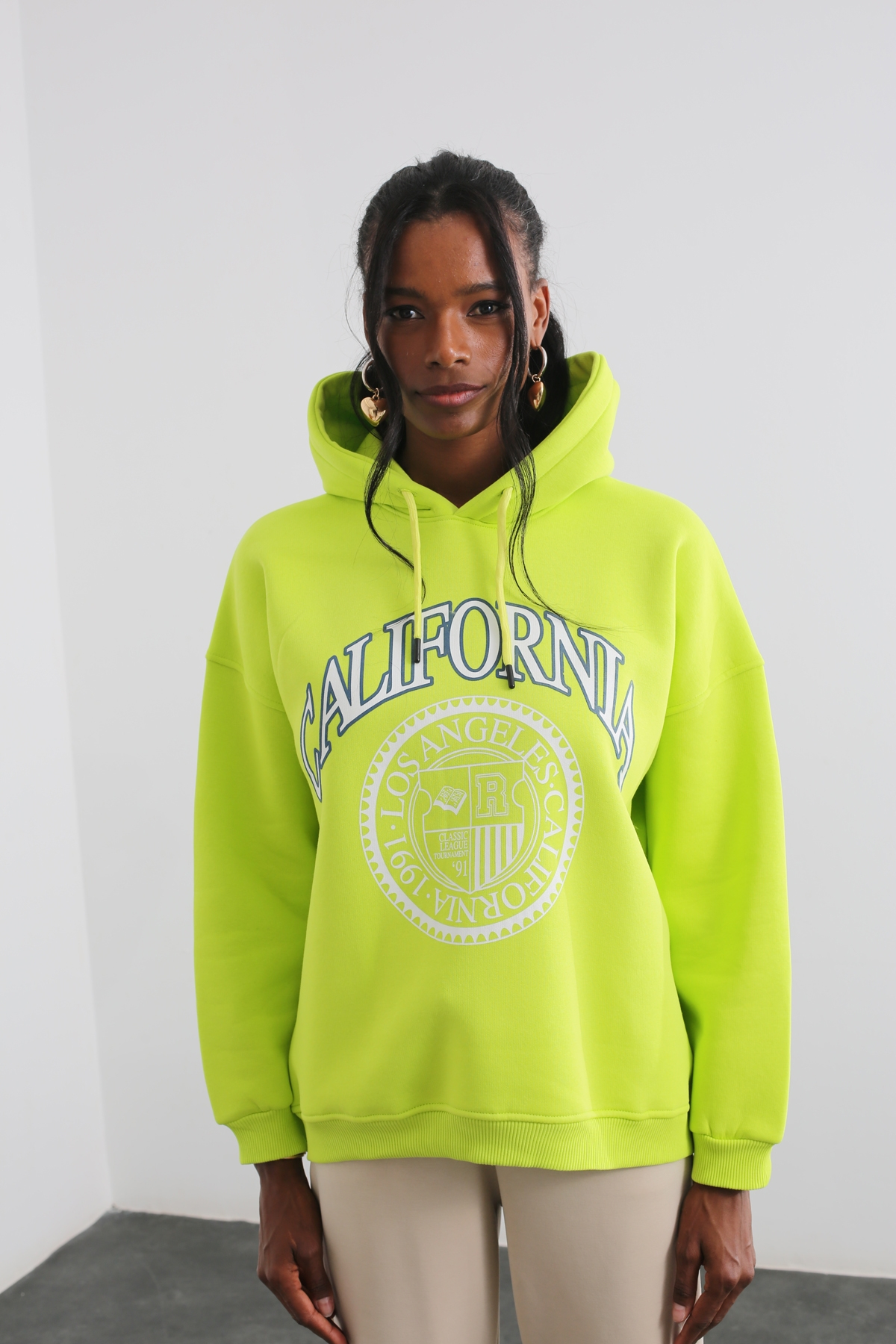Yeşil California Baskılı Kapüşonlu Sweatshirt 13668