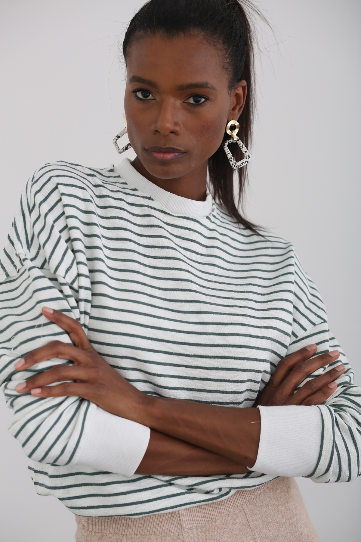 Yeşil Çizgili Basic Sweatshirt 262