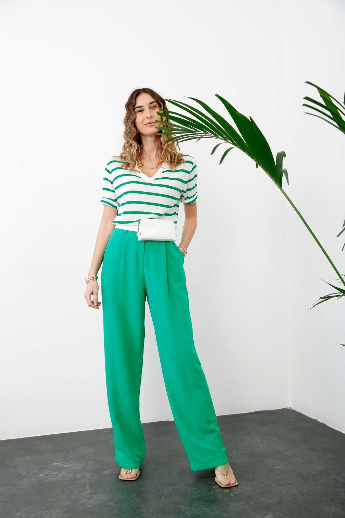 Yeşil Geniş Paça Keten Pantolon 0124