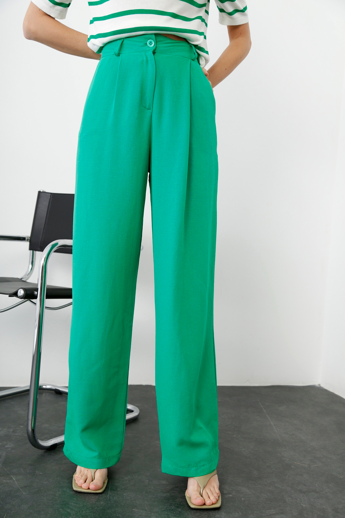 Yeşil Geniş Paça Keten Pantolon 0124