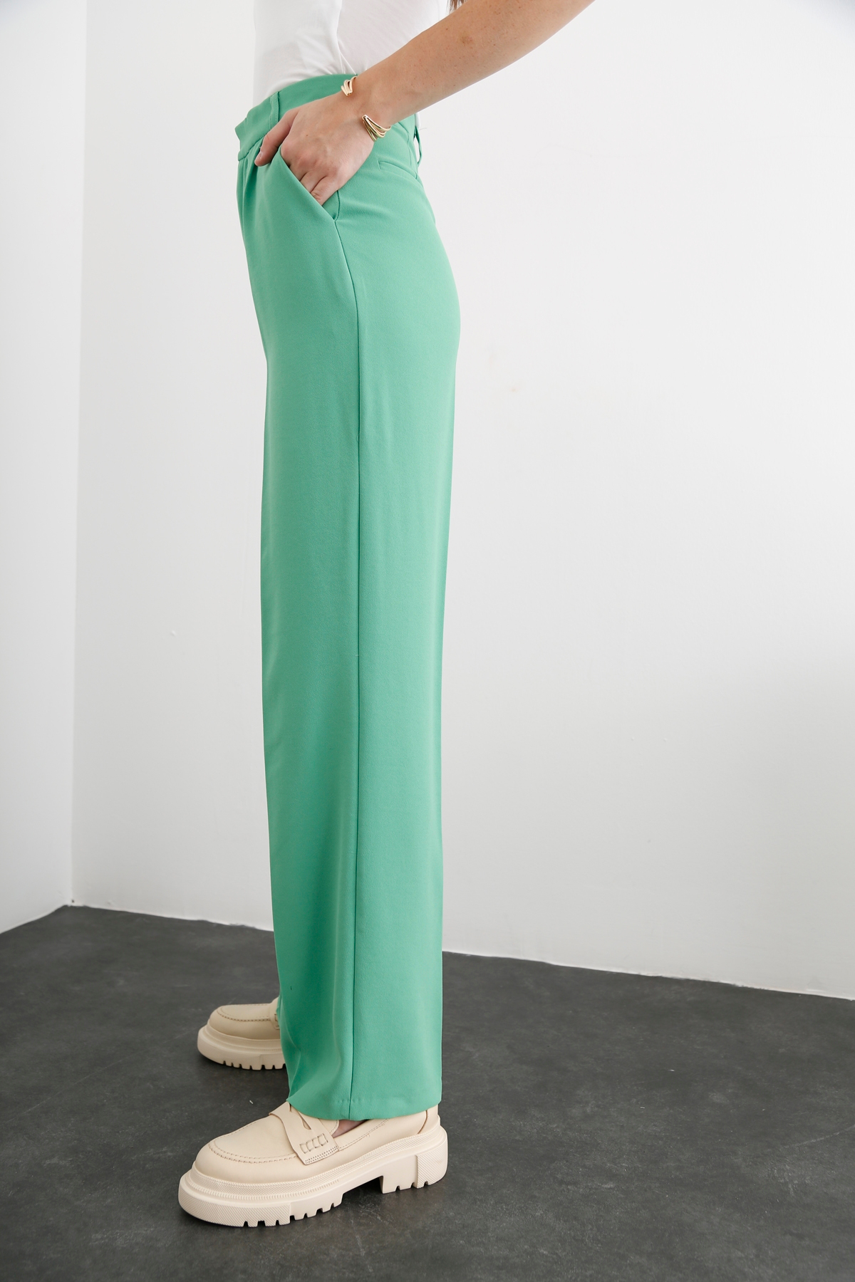 Yeşil Geniş Paça Krep Pantolon 3317