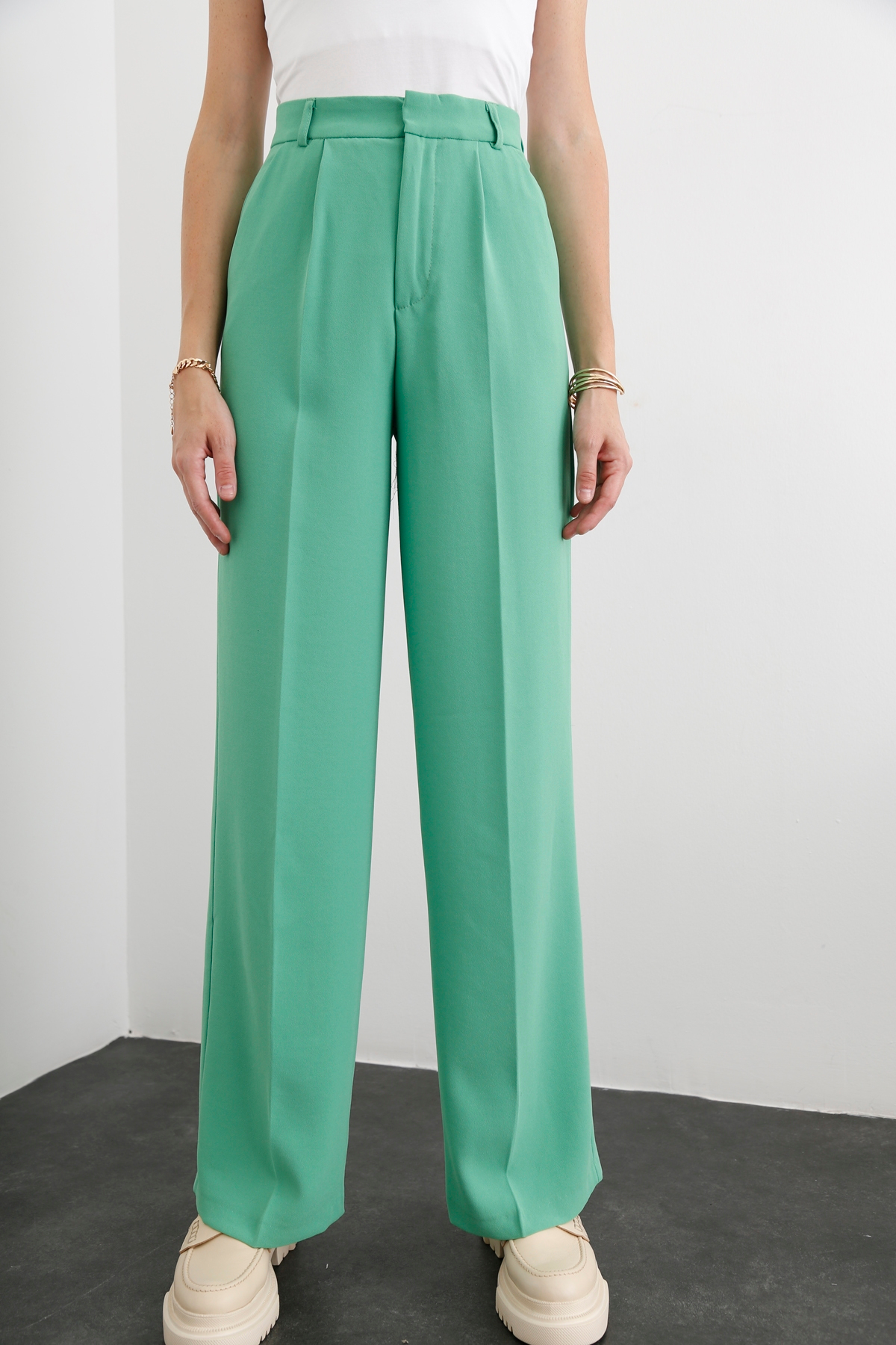 Yeşil Geniş Paça Krep Pantolon 3317