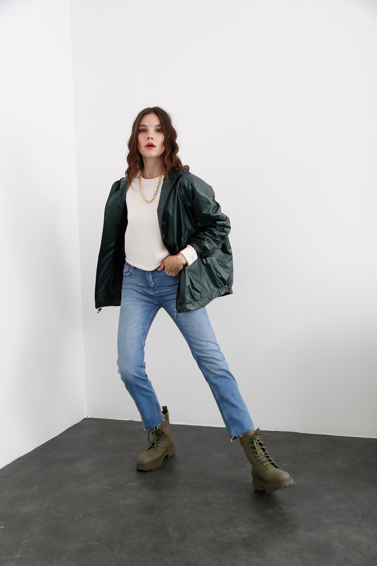 Yeşil Kapüşonlu Oversize Yağmurluk 1007