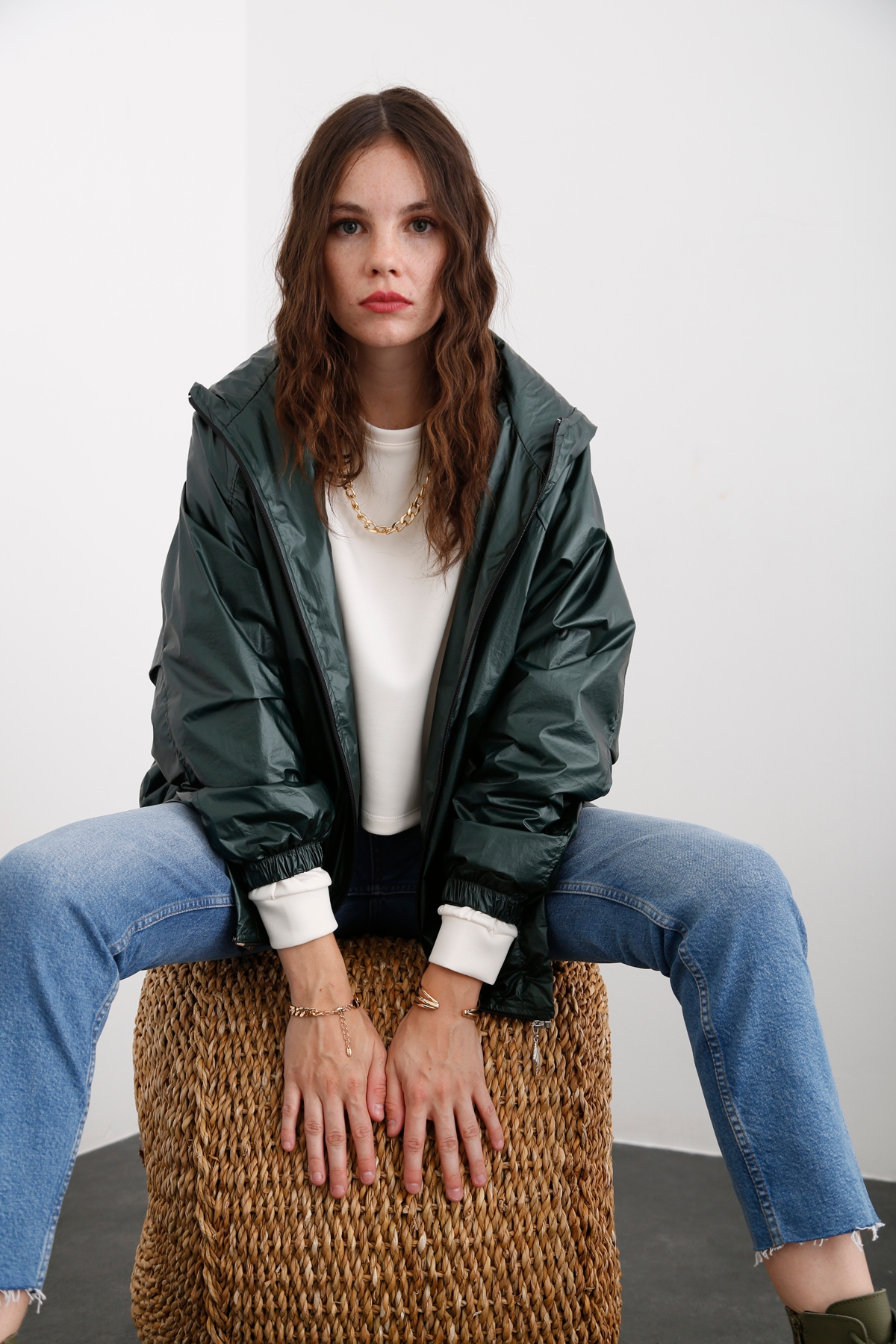 Yeşil Kapüşonlu Oversize Yağmurluk 1007