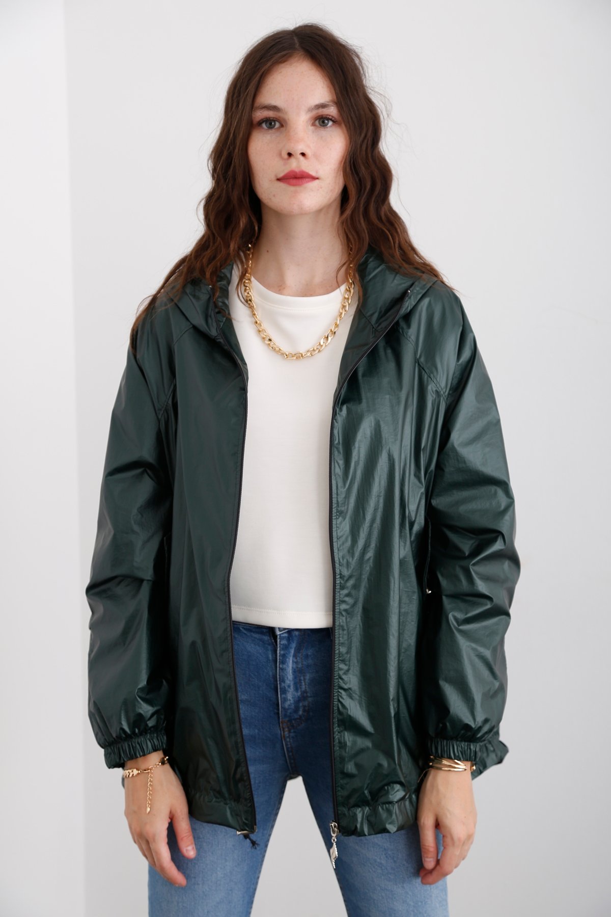 Yeşil Kapüşonlu Oversize Yağmurluk 1007