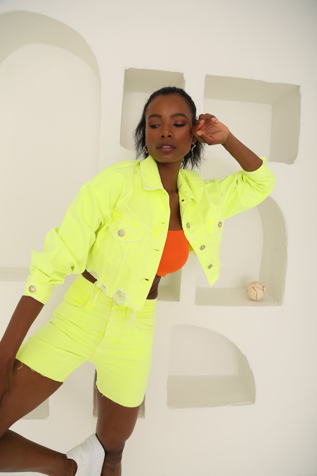 Yeşil Neon Jean Şort 
