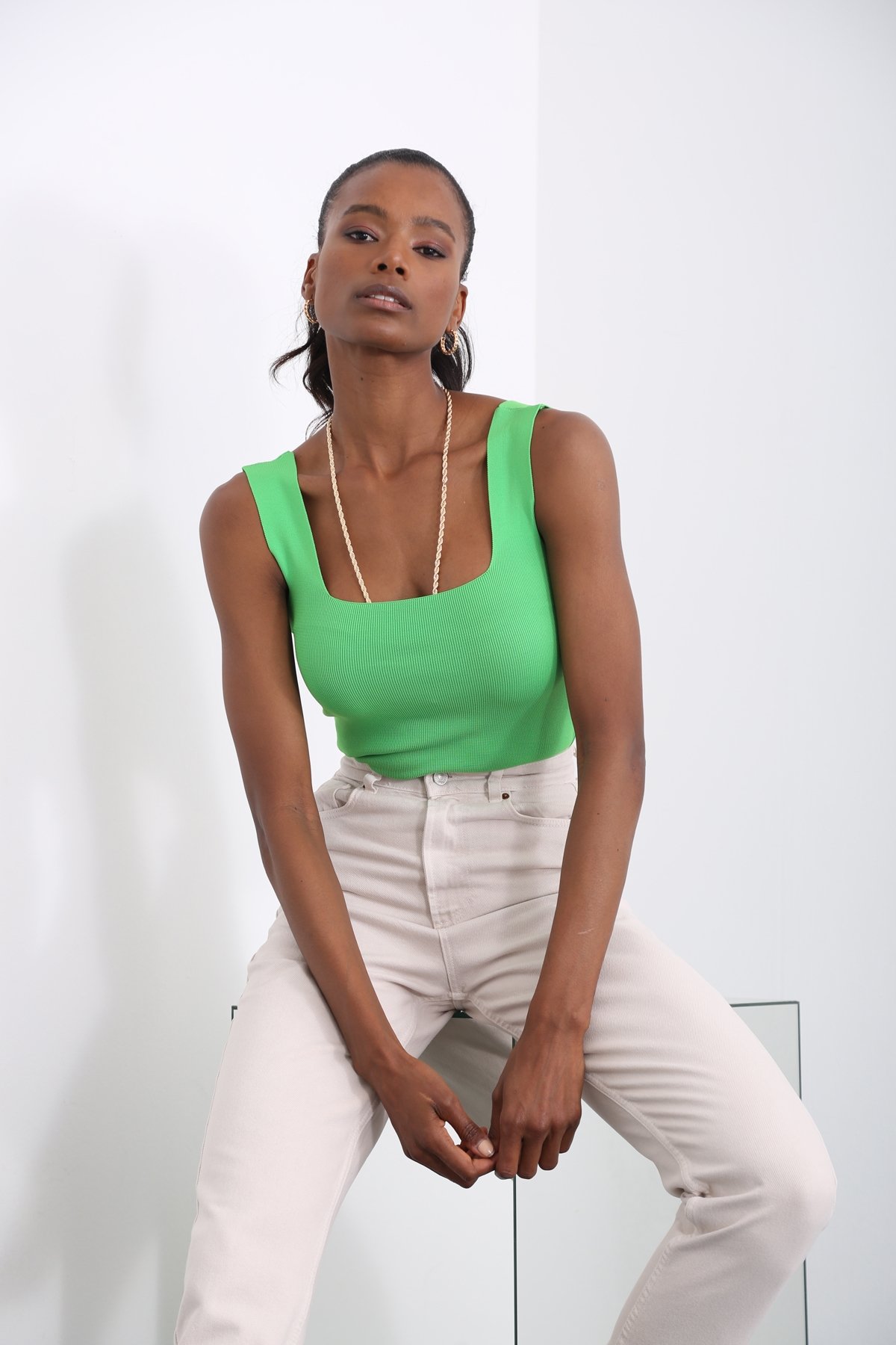 Yeşil Neon Kalın Askılı Triko Atlet 5642