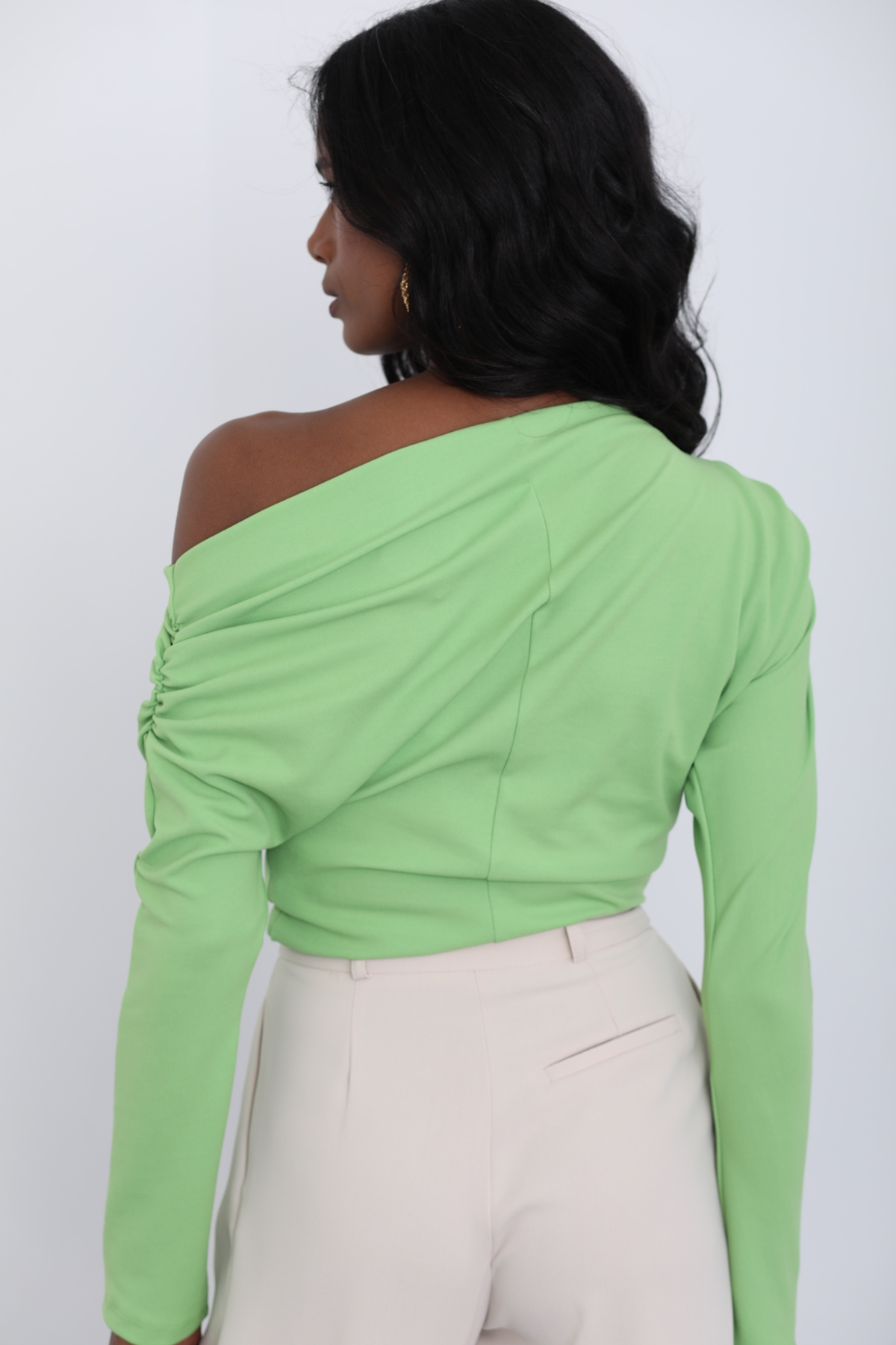 Yeşil Omzu Drape Detaylı Bluz 14161