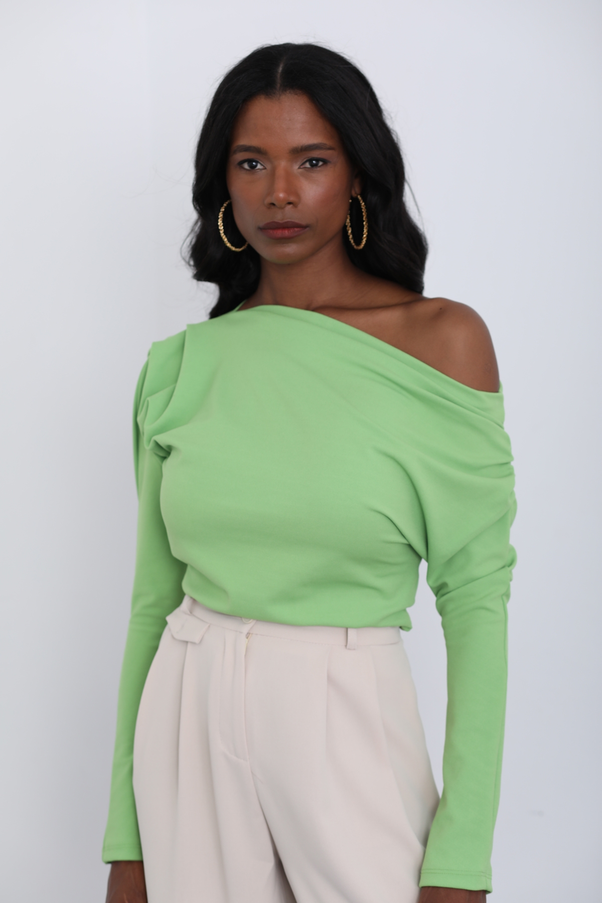 Yeşil Omzu Drape Detaylı Bluz 14161