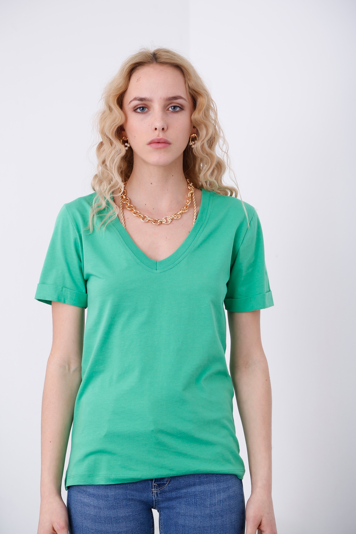 Yeşil V Yaka Duble Kol Tshirt 80390