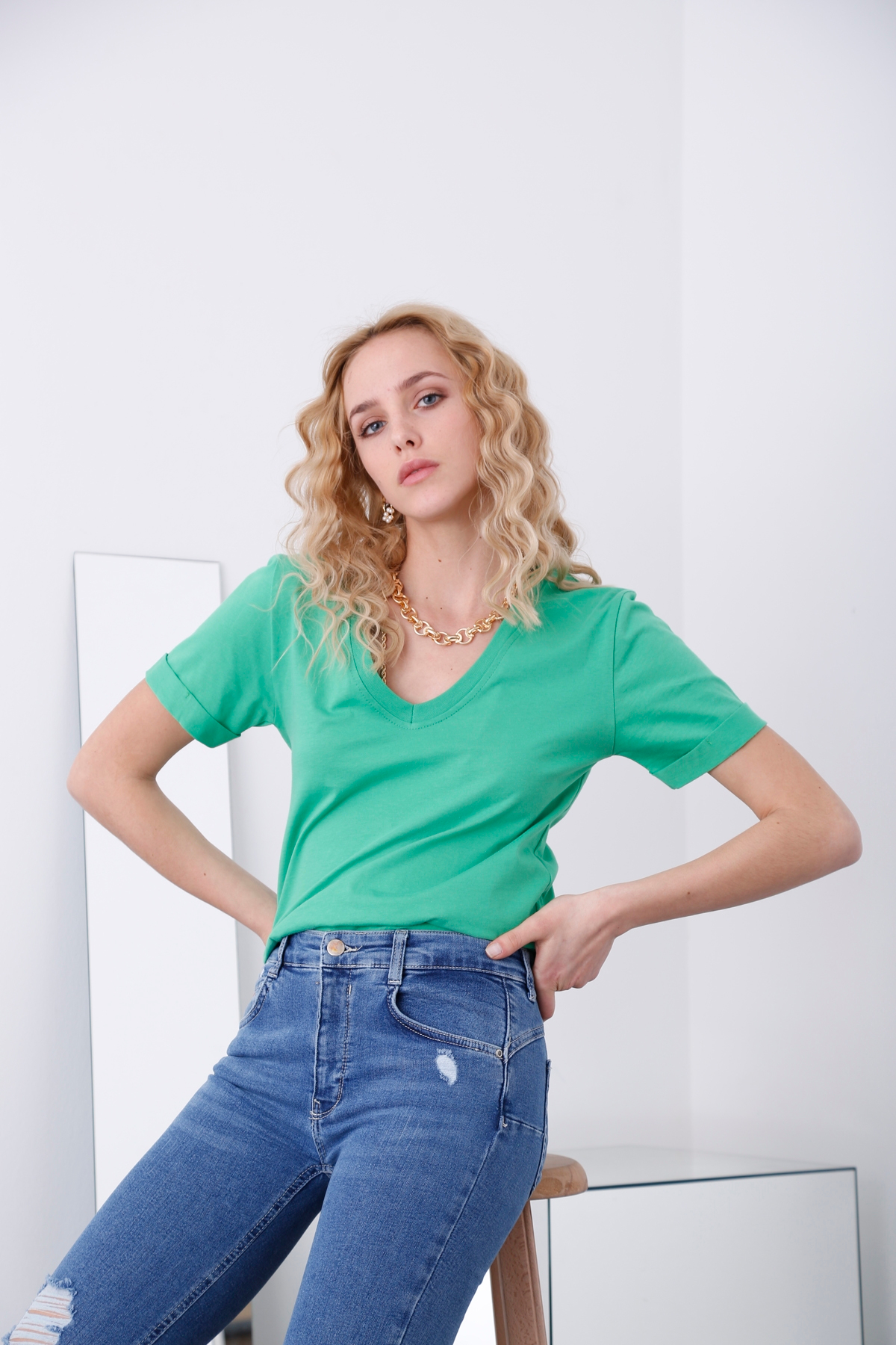 Yeşil V Yaka Duble Kol Tshirt 80390