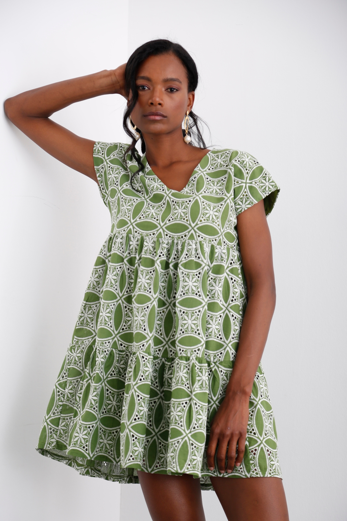 Yeşil V Yaka Fisto Mini Elbise 2065